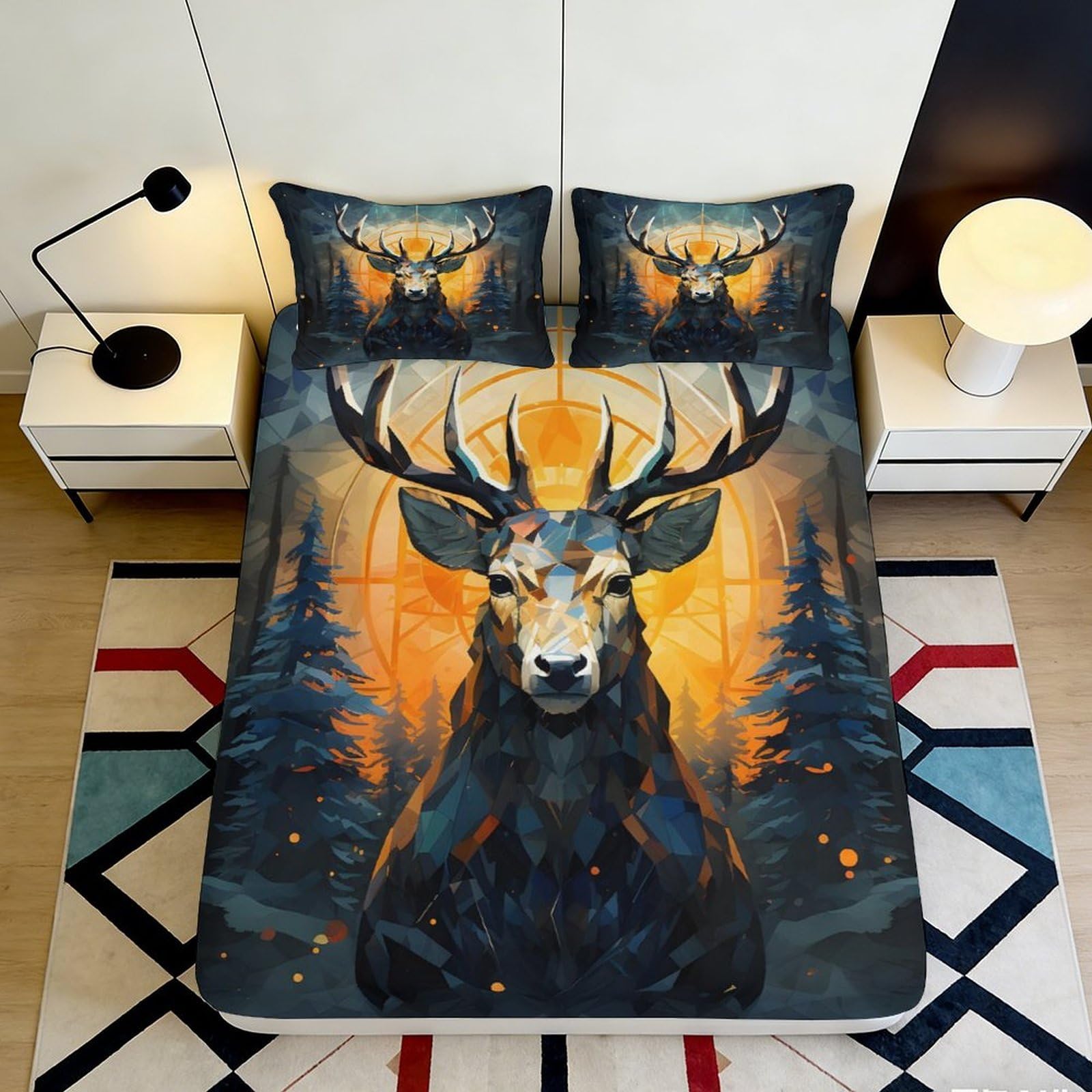 3D Printed Geometric Deer Fitted Sheet Microfiber Soft Forest Sunset Bed Cover for Bedroom Dorm Mattress Protection 140x200x25cm