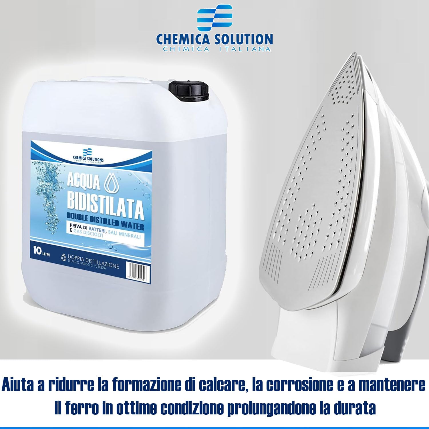 CHEMICA SOLUTIONS Acqua Bidistillata Pura per Uso Industriale e clinico tanica da 25 Litri, Distillata Due Volte, Demineralizzata, per Ferri da Stiro, umidificatori, batterie e Altro Made in Italy