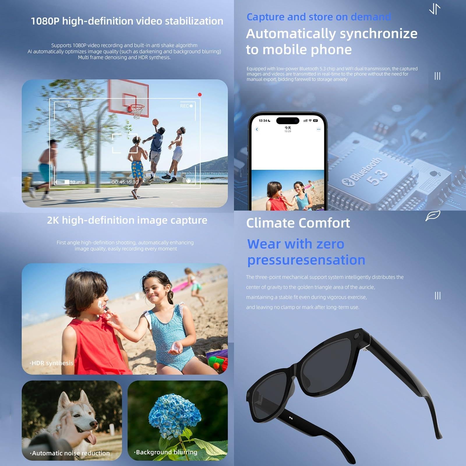 Occhiali intelligenti con fotocamera HD, assistente vocale e riconoscimento oggetti per registrazione a mani libere e assistenza in ufficio