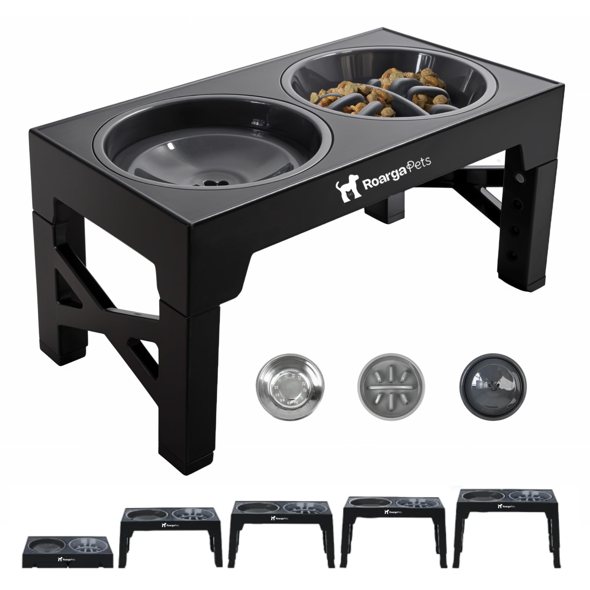 Roarga Pets Comedero y Bebedero antigoteo Perros - Ajustable 5 Alturas - Robusto - Elevado - 3 Cuencos 1200ML Comedero Antivoracidad, Bebedero antisalpicaduras y Cuenco de Acero Inoxidable de Regalo