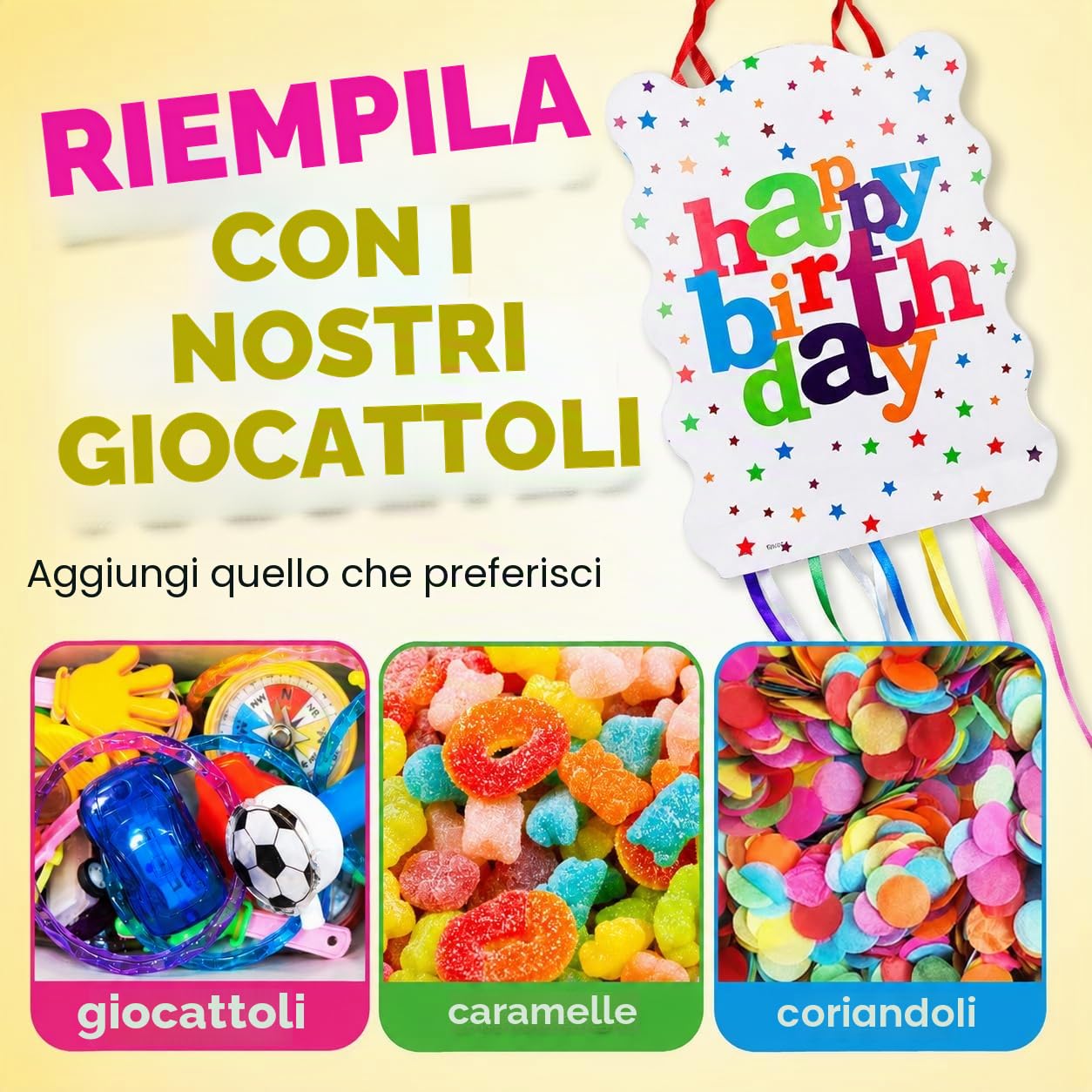 Pignatta Compleanno con 80 Giochini per Feste Bambini + Pentolaccia Happy Birthday