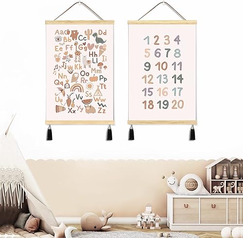 Póster de números Abc para niños pequeños, ganchos magnéticos para pósteres, lienzo enmarcado de madera, 2 juegos de 16 x 24 pulgadas, alfabeto para