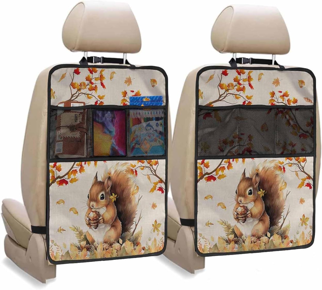 Car Seat Protector, 2 Pack Kick Mats with Organizer 3 Pocket Storage, Thanksgiving Fall Squirrel Maple Leaf Cotton Linen Background Back Seat Cover for Universal Fit Automotive Interior Protectors