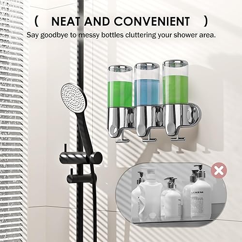 Miniatura 4 de Dispensador de champú y acondicionador, dispensador de jabón de ducha de 3 cámaras de 50.7 fl oz con ventana transparente, instalación sin taladrar