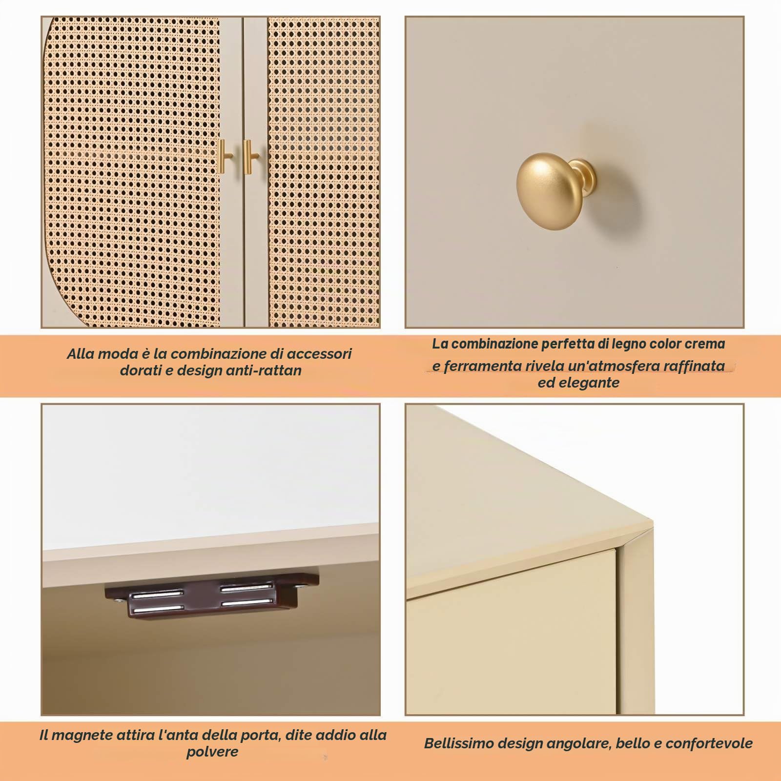 KOMHTOM Credenza beige con ante in rattan, mobile portaoggetti con 2 ante e 3 cassetti per soggiorno, camera da letto, sala da pranzo, corridoio (C)