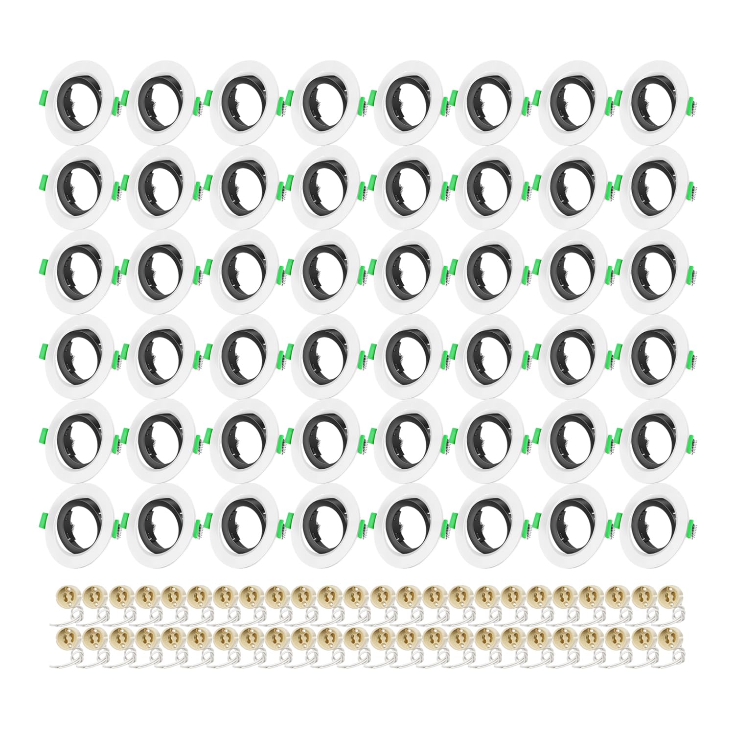 Einbaustrahler GU10 Set, Spot Einbaurahmen, Rund Weiß Außenring, Schwarz Innenring 30° Schwenkbar, inkl. GU10 Fassung, Blende 68mm-80mm, Einbauspots Rahmen für LED oder Halogen(50mm-Lampen), 48 Stück