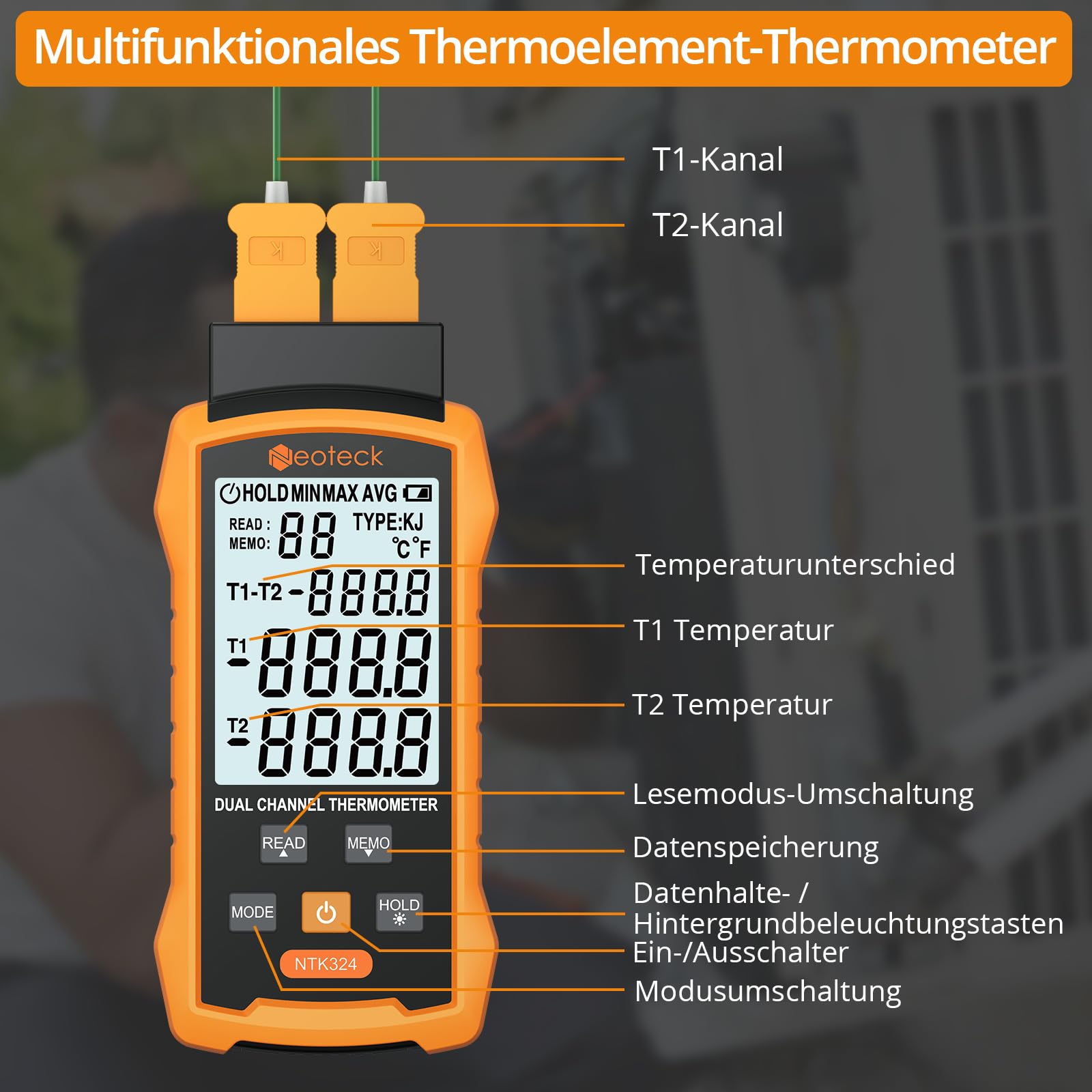 Neoteck Digital Thermoelement Thermometer Dual Kanal K/J Digitales Thermometer mit 4 Thermoelementen -50~1300°C Zweikanal-Temperaturmessgerät für HLK, Automobilen, elektrischer Wartung