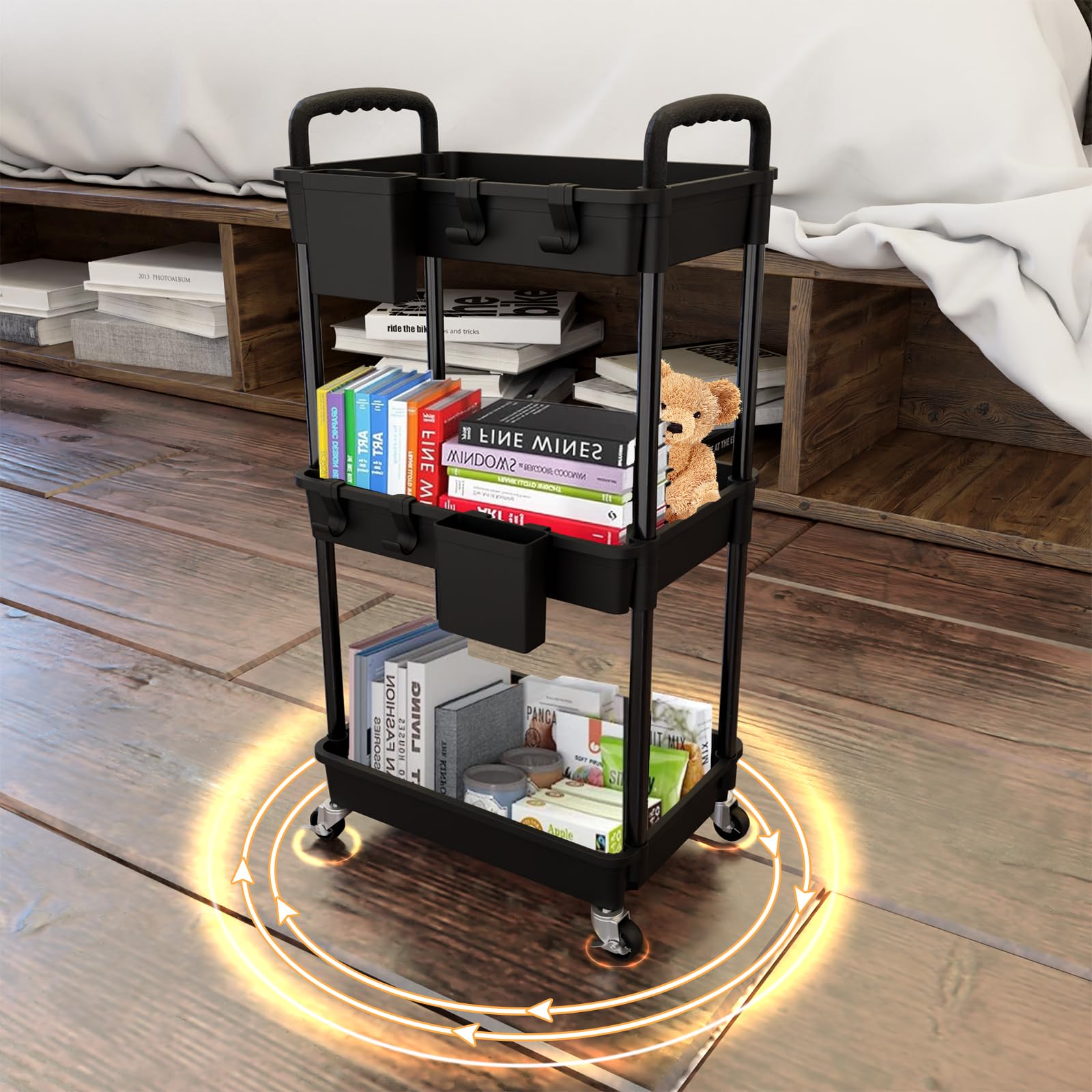 Carrito utilitario rodante de 3 niveles con asa, carrito utilitario REBECAT hecho de herramienta organizadora de almacenamiento multifuncional para cocina, baño, sala de estar, oficina (negro)