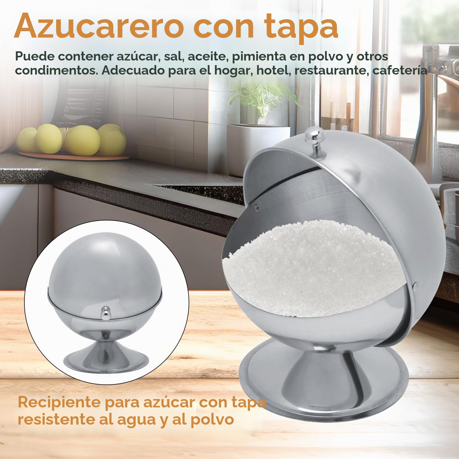 Agatige Azucarero De Acero Inoxidable, Cuenco Esférico Para Dulces Para Oficina, Soporte Para Cubos De Azúcar Con Tapa Enrollable Azucarero Recipiente De Sal En Forma De Globo Para Cocina Casera