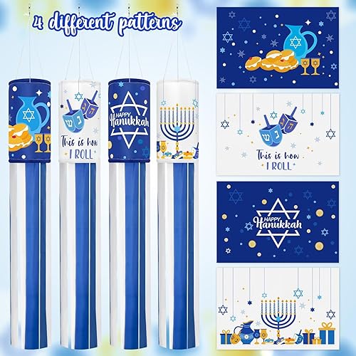 Miniatura 3 de Calcetines de viento de Hanukkah, 4 unidades, 39 pulgadas, banderas de manga de viento, diseño de Menorá Dreidel, decoración para colgar al aire