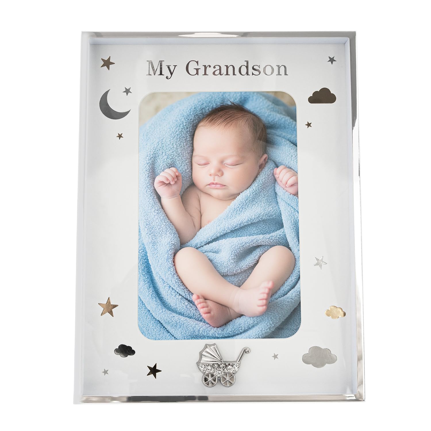 Happy Homewares My Grandson Silver Plated 4x6 Picture Frame with Gold and Silver Foil Stars and Clouds | Silver Pram with Clear Diamantes | Wall or Table