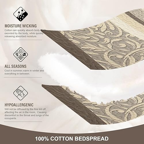 Miniatura 4 de Colchas ligeras tamaño King de 120 x 120 pulgadas, edredón de gran tamaño 100% algodón, colcha de patrón botánico a rayas, juego de ropa de cama