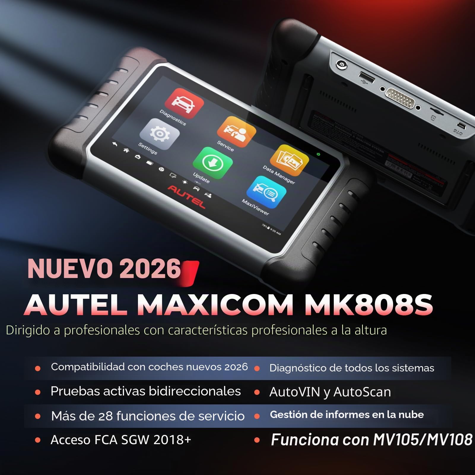 Autel MaxiCOM MK808S Herramienta de Diagnóstico,Bidireccional Control, Igual Que MK808BT Pro/MX808S, Prueba Activa, 28+ Servicios, Todos los Sistemas, FCA,AutoAuth,IMMO, Actualizado de MK808 MX808