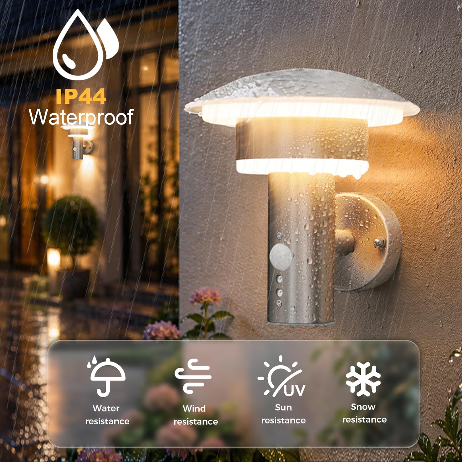 NBNHANYUAN Applique Murale Extérieure avec Détecteur de Mouvement, Lampe Murale Extérieure en Acier Inox SUS304, Capteur PIR Réglable, Étanche IP44, Éclairage Extérieure pour Entrée, Jardin, 9W