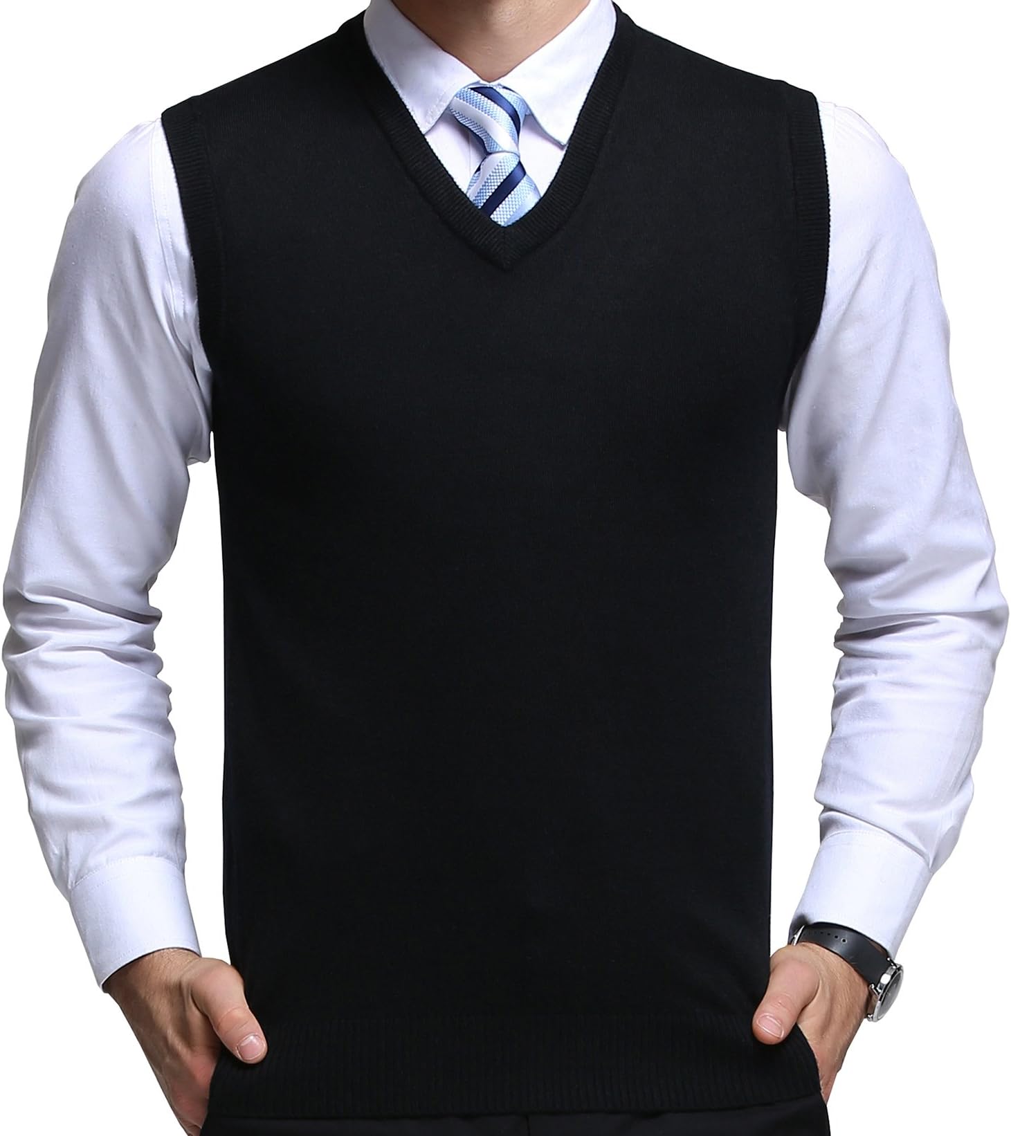 FULIER Mens V-Neck Sleeveless Vest Classic Business Gentleman Knitwear Knitted Waistcoat Sweater Cardigans Tank Tops