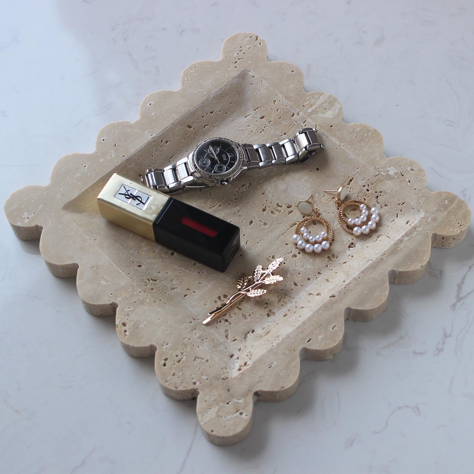 Natural Luxury Marble Tray with Scalloped Edge, Handmade Square Decorative Tray, Catch All Tray for Counter, Dresser, Nightstand and Home Décor (Beige Travertine)