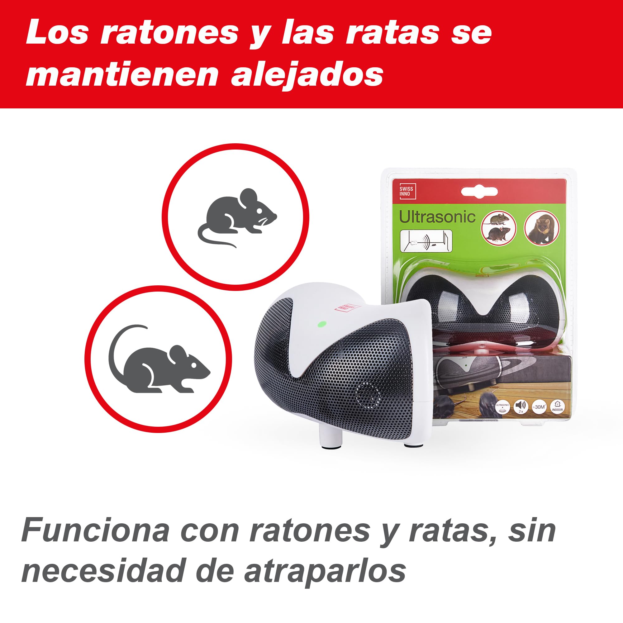 SWISSINNO Repelente Ultrasónico de Roedores 30 m² - Ahuyentador Electrónico de Ratones Ratas y Martas para Interiores - Repelente Ultrasónico con Doble Altavoz - Funciona por Enchufe