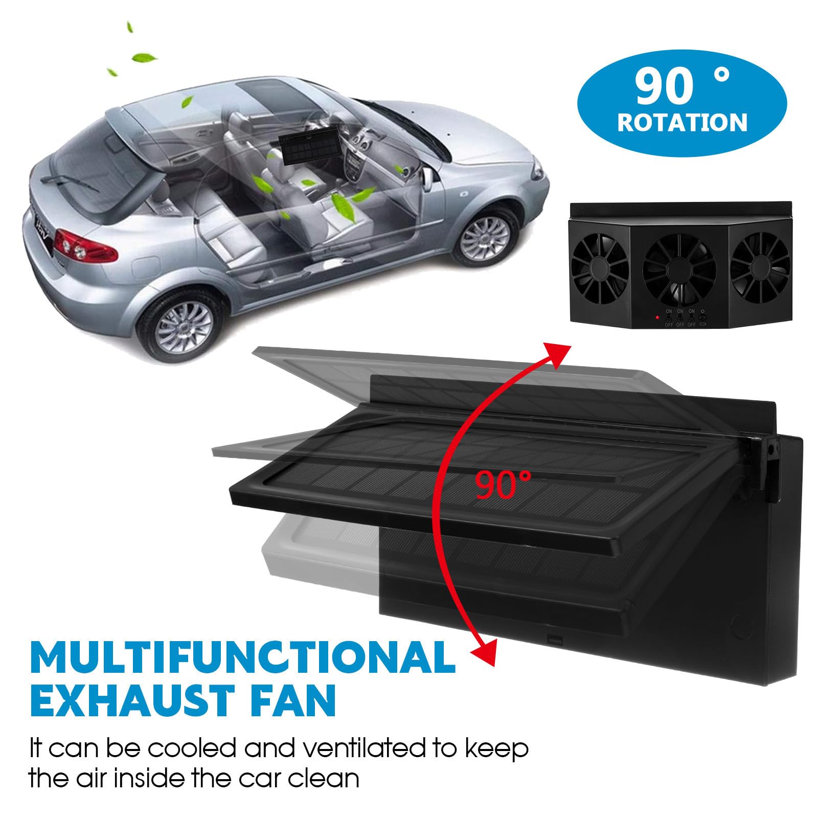 Ventilador Solar de Ventana para Coche Abs Negro Triple Diseño