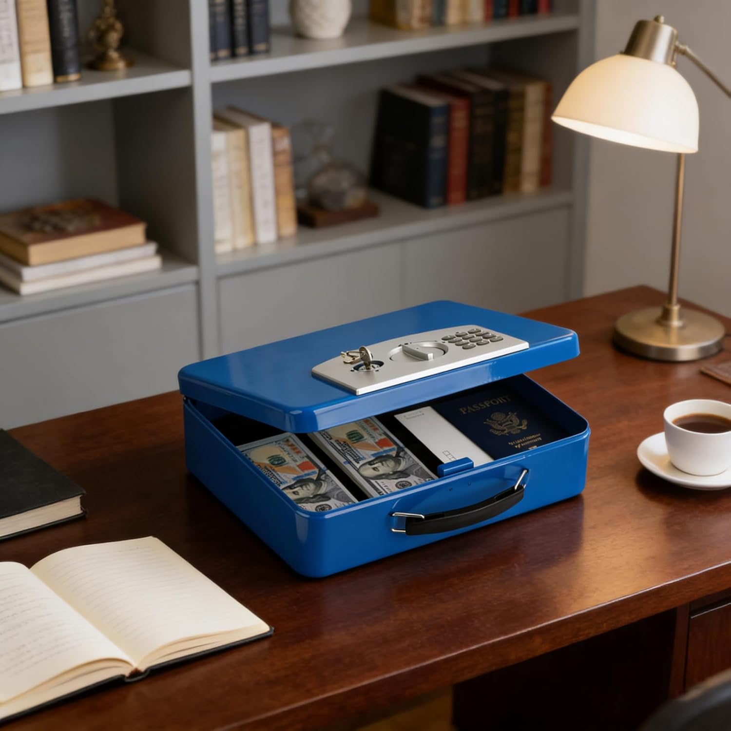 KYODOLED Blue Safe Box with Digital Keypad Lock, Lock Box with Code for Personal Items, Metal Security Box for Cash, Passport, Jewelry, Ideal for Home, Office, Garage Sale, 11.8'' x 9.4'' x 3.5''