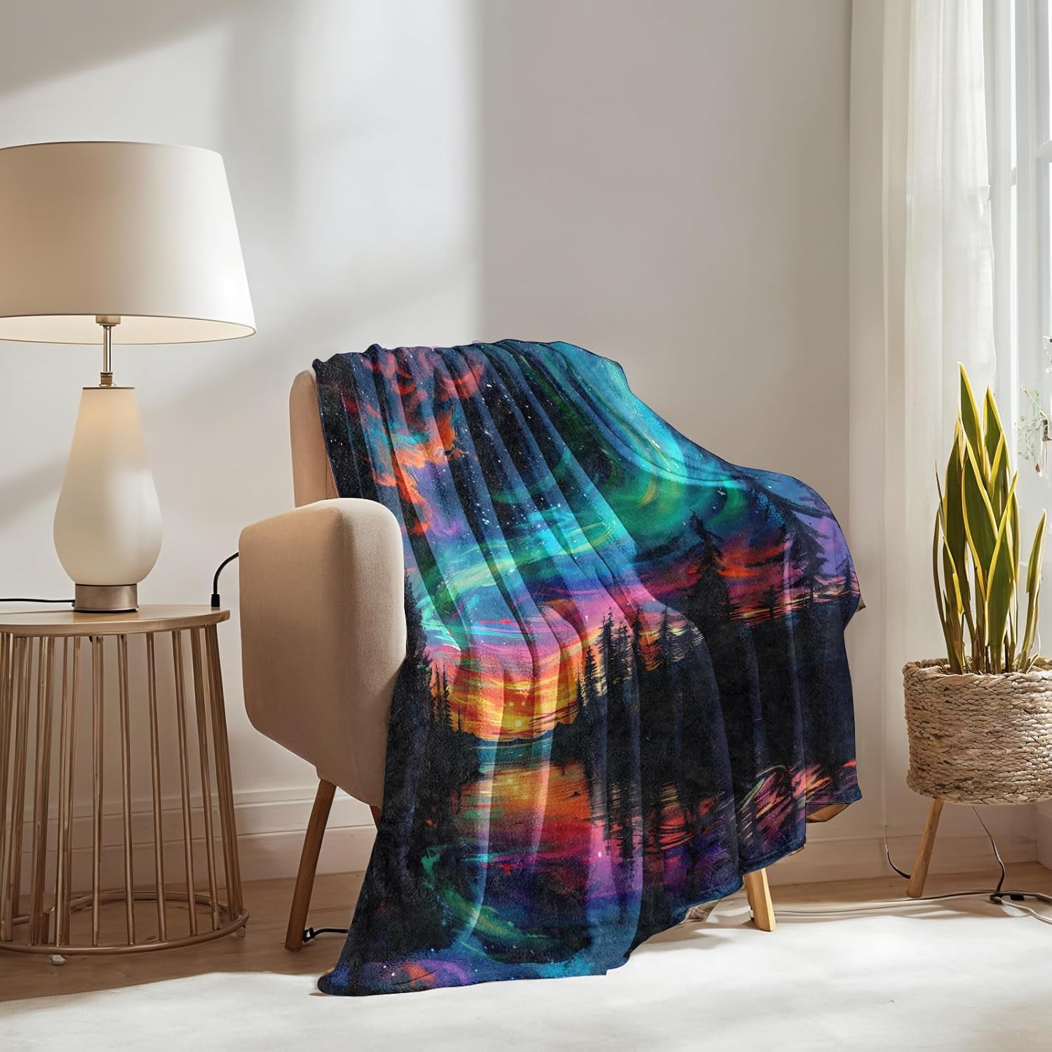 Aurora Borealis Sunset Landscape Blanket Gifts for Boys Girls Kids, Northern Lights Warm Soft Flannel Throw Blankets for Travel, Sofa, Living Room, Bedroom Decor, 50x60 in