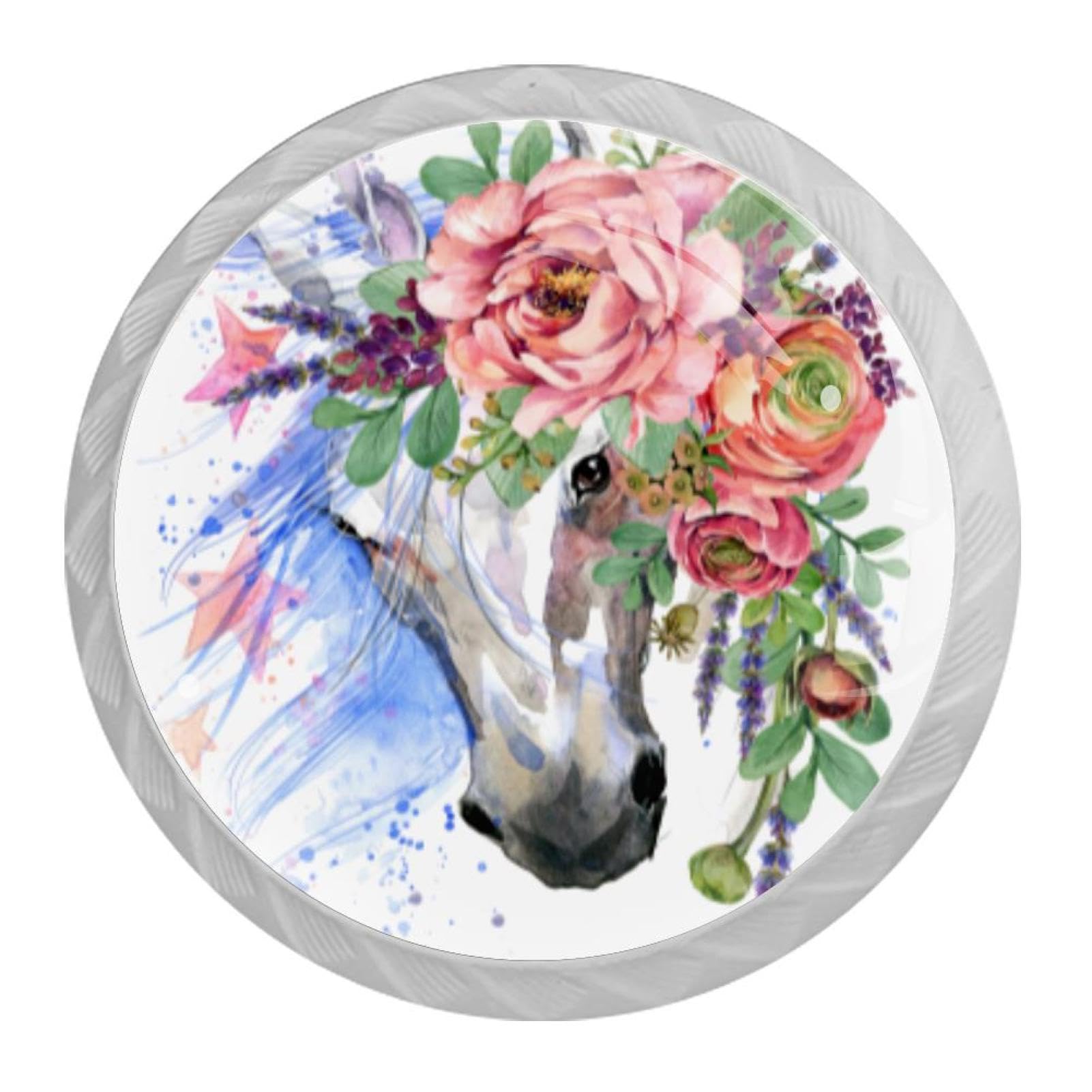 Tqmspg 4 Pieces Drawer Pulls Horse and Flowers Door Knobs Dresser Handles for Kitchen Wardrobe Cupboard Hardware Furniture