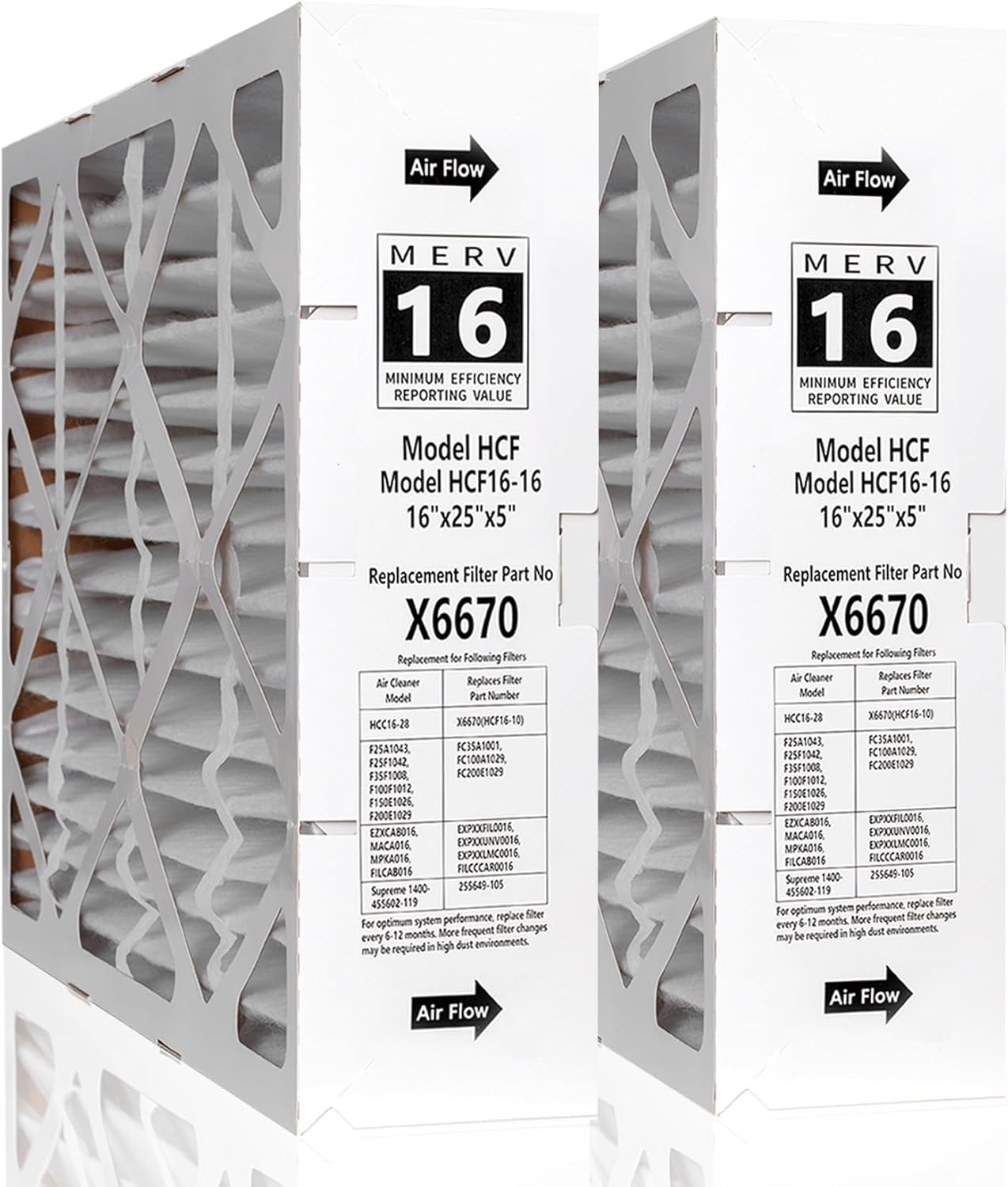 2-Pack X6670 Filter 16x25x5in MERV 16, Fits Honeywell FC100A1029, Lennox X6670, Carrier EXPXXFIL0016 filter (Actual dimensions: 15.75 x 24.75 x 4.38in), Foldable Design for Easy Storage