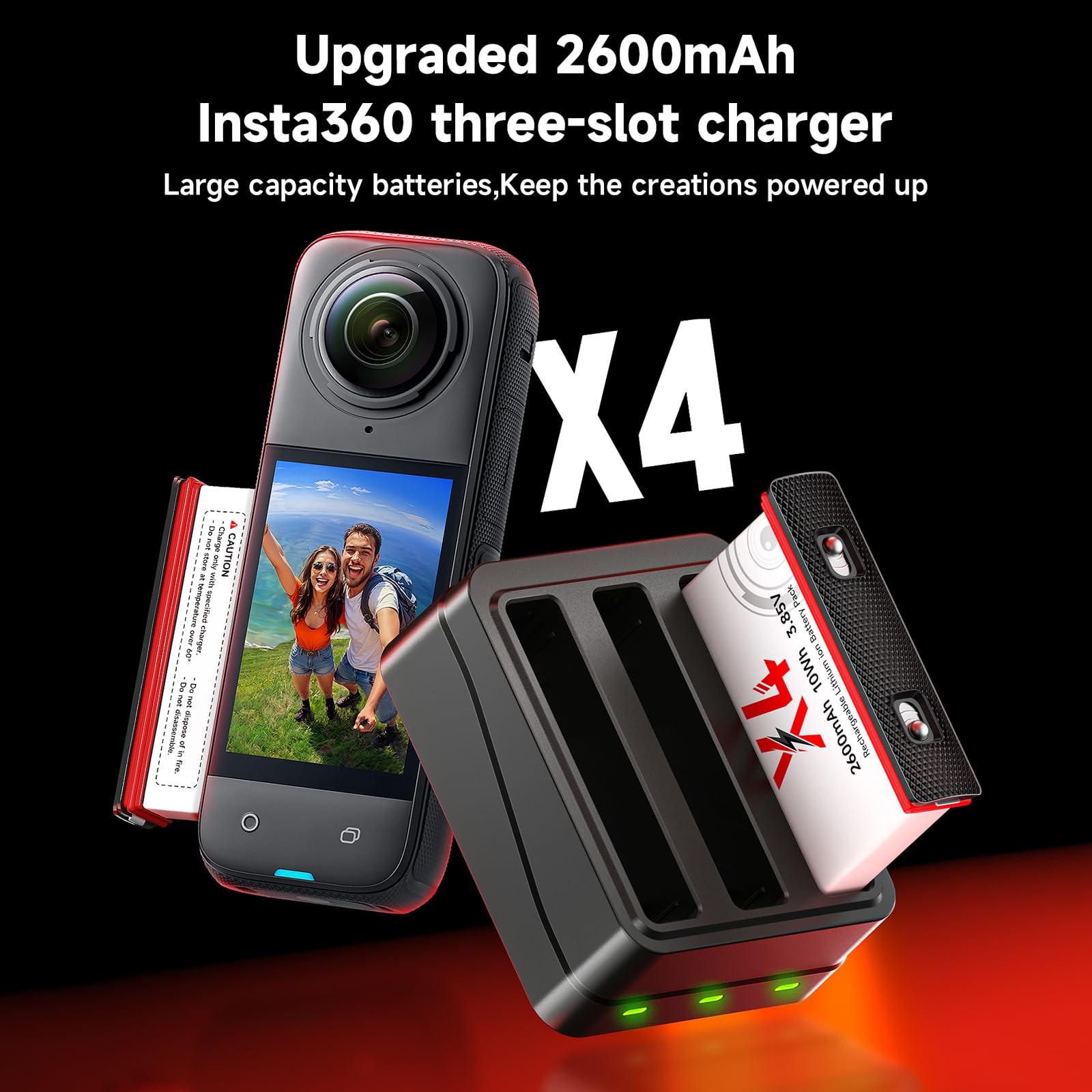 360X4 Batteria Caricabatterie Kit – 3Pcs batterie 2600mAh da 360 X4 e 3 canali LED X4 caricabatterie tipo C per fotocamera 360 One X4