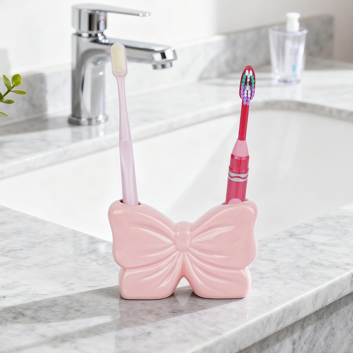 Bow Ceramic Toothbrush Holder, Cute Bathroom Countertop Organizer, Pink image 5