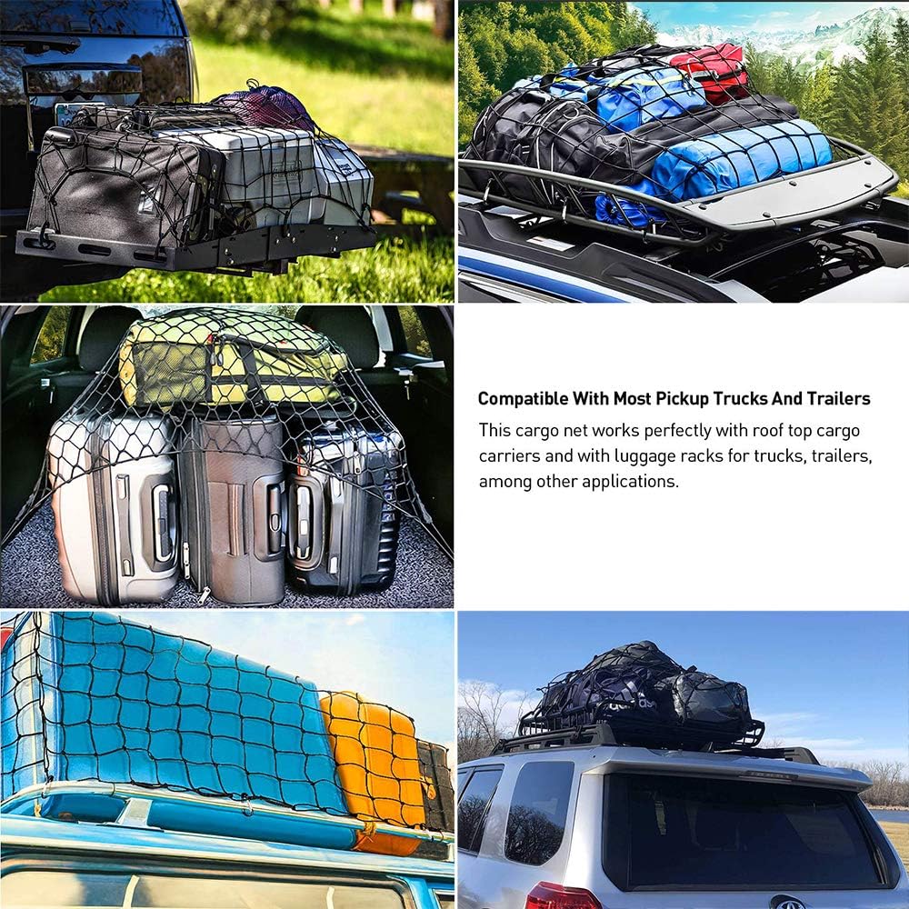 Cargo Bungee Net 3 x 4Ft Max Stretches to 6 x 8Ft - 24 pcs Universal Hooks & 2 Cargo Cord, Storage Bag - 4 x 4 Inches Mesh - 36 x 48 Inches Oversized Roof Rack Cargo Net Suitable for Trucks, SUV
