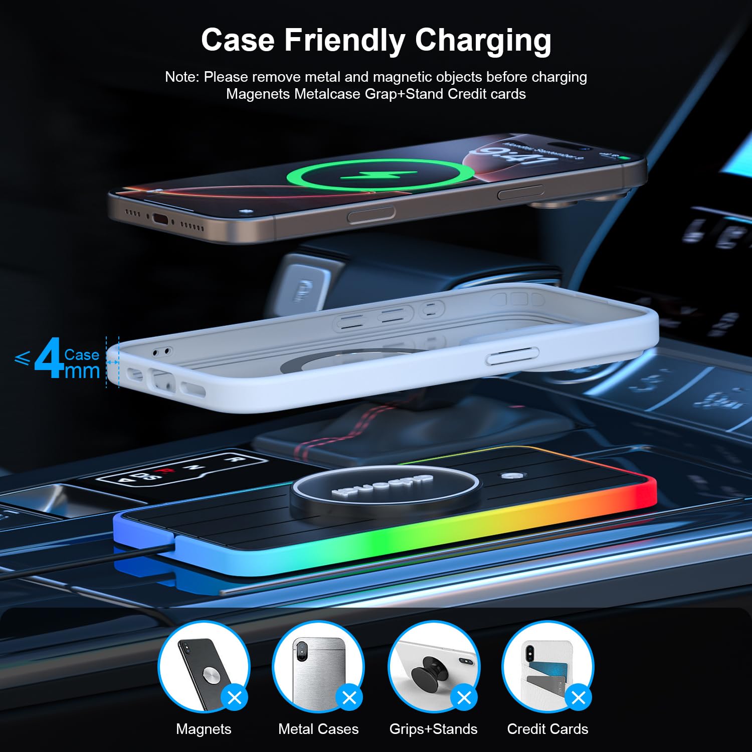 für MagSafe Auto Ladegerät Pad, 15W RGB Magnetische Wireless Car Charger Matte, Auto Magnetische Induktive Ladestation mit 70cm USB-A Verlängerungskabel Kompatibel mit iPhone 16 15 14 13 12