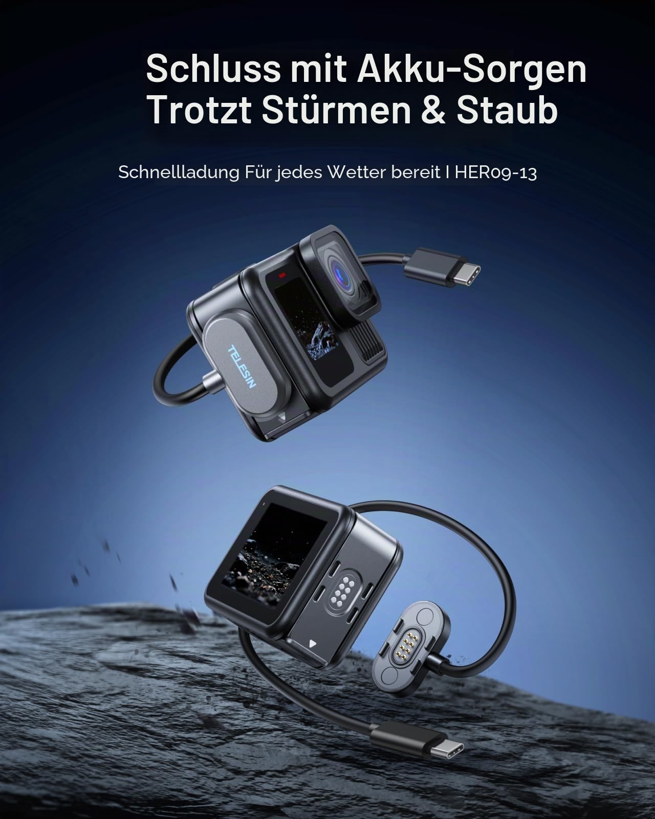 TELESIN Magnetic Contacto (Tür- und Stromkabel-Kit) für GoPro Mission 1 Pro Hero 13/12/11/10/9 Schwarz, IPX5 wasserdichte Seitentürabdeckung mit 1,2 m Ladekabel, kompatibel mit Go Pro, Schnellladung