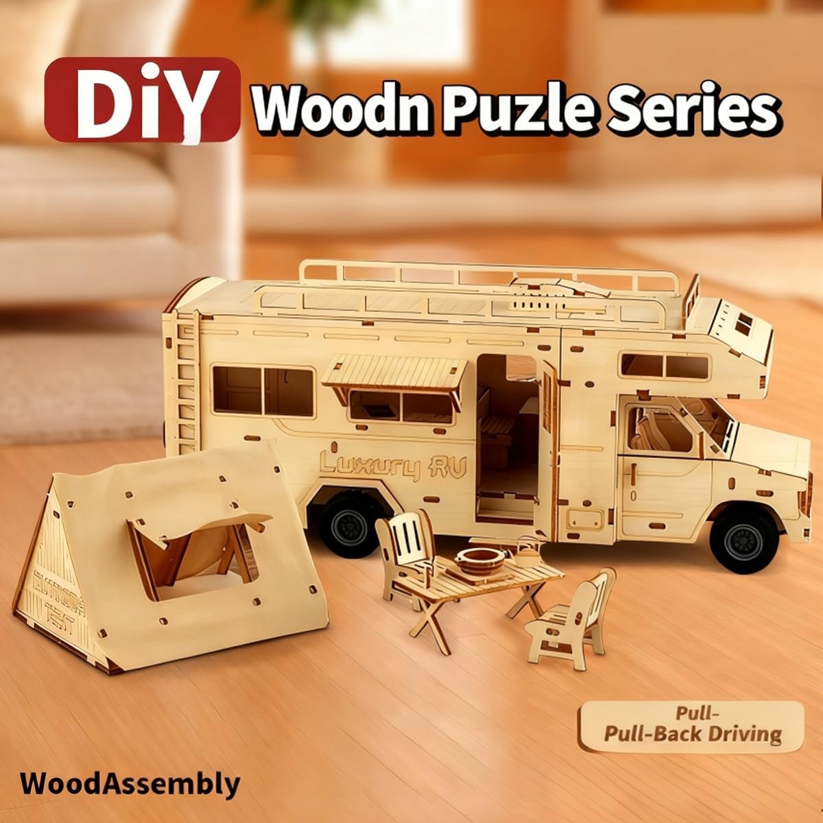 Adult 3D Wooden RV Puzzle Set, 145 Pieces DIY Spring-Powered Mechanical Model Assembly Kit, Educational STEM Desktop Toy, Ideal as a Birthday Gift or Decorative Item for Teens Aged 14 and Up
