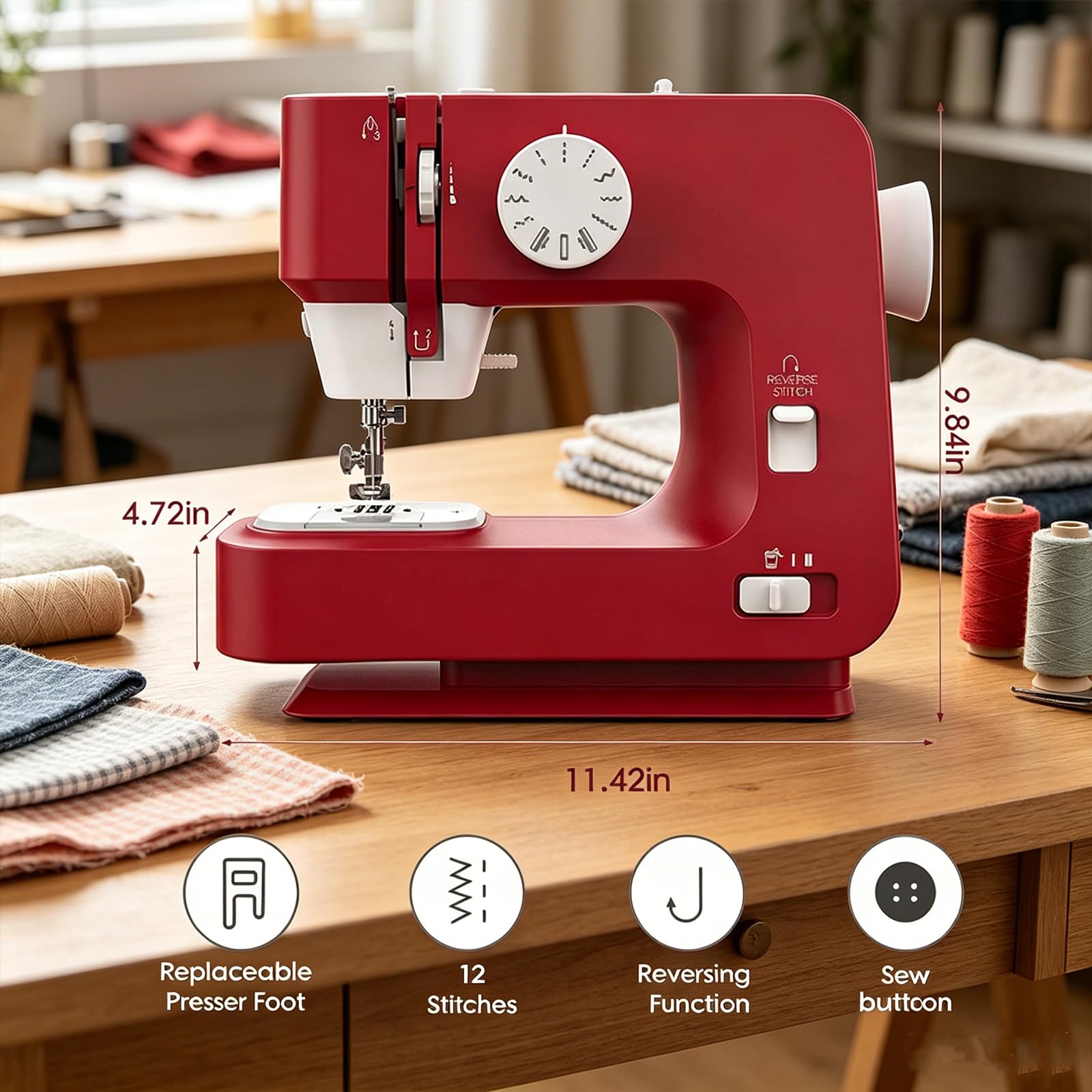 Máquina de Coser Portátil, Máquina de Coser Eléctrica con 12 Puntadas Incorporadas, Ojal de 4 Pasos, Puntada Reversa y Luz LED, Máquina de Coser Compacta para el Hogar para Reparación de Ropa y Manual