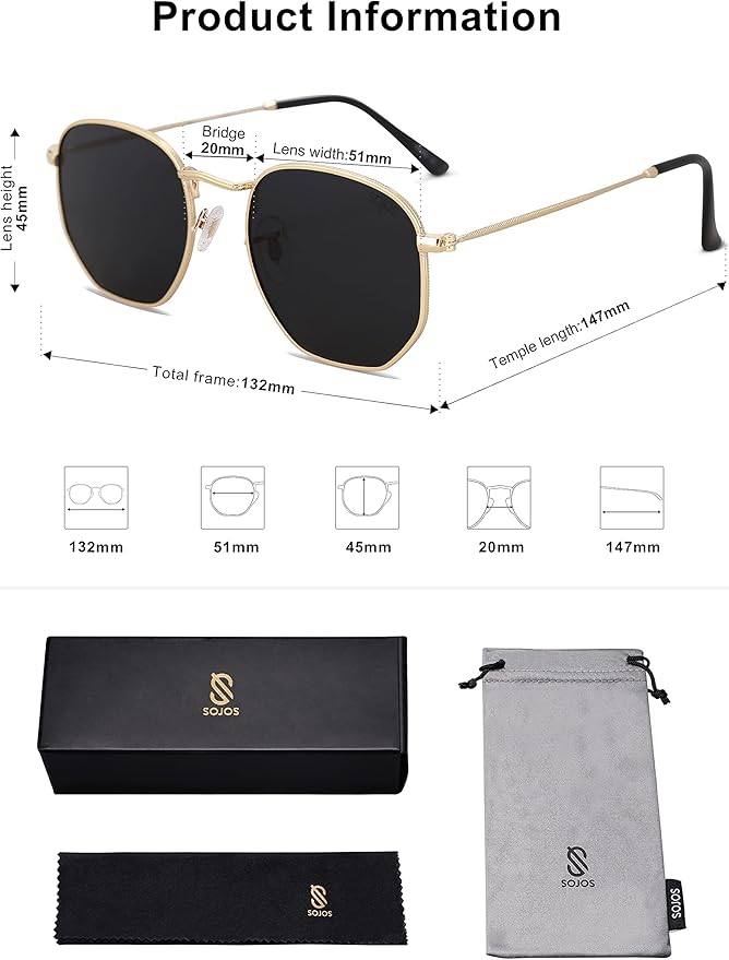 SOJOS Polarized Sunglasses Stylish hexagonal polarized sunglasses provide UV400 protection and block 99.99% of UVA/UVB rays
