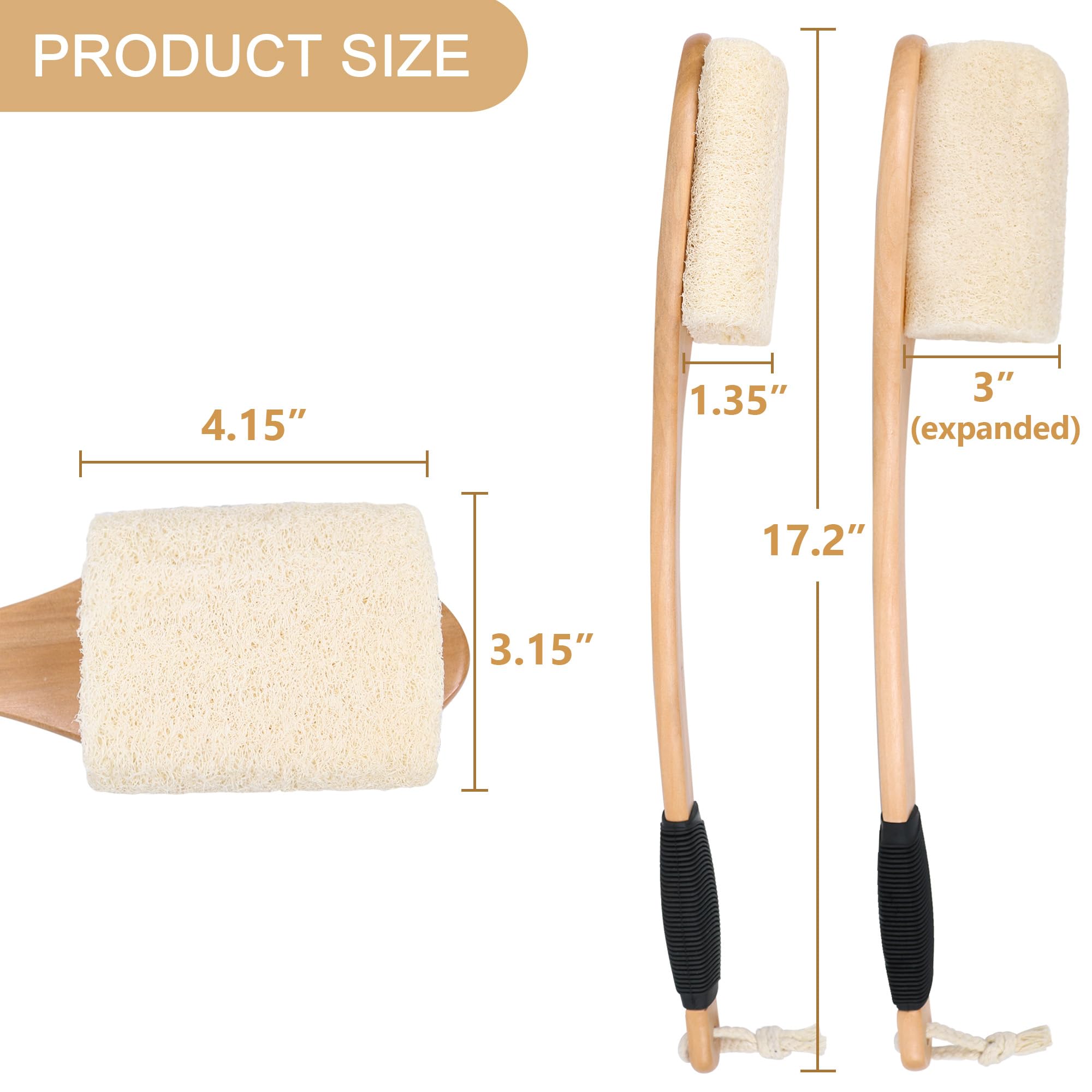 OWIIZI Brosse à récurer en luffa pour le dos avec long manche - Éponge de bain en luffa pour le corps - Exfoliant naturel sur bâton pour homme et femme