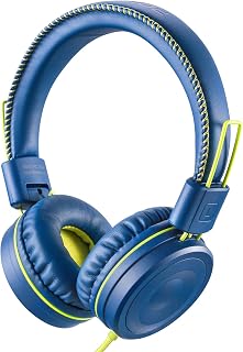 POWMEE M1 Kids Wired On-Ear Headphones, Foldable Adjustable Tangle-Free 3.5mm Jack, Stereo Sound for Children Age 3+ (Blue)