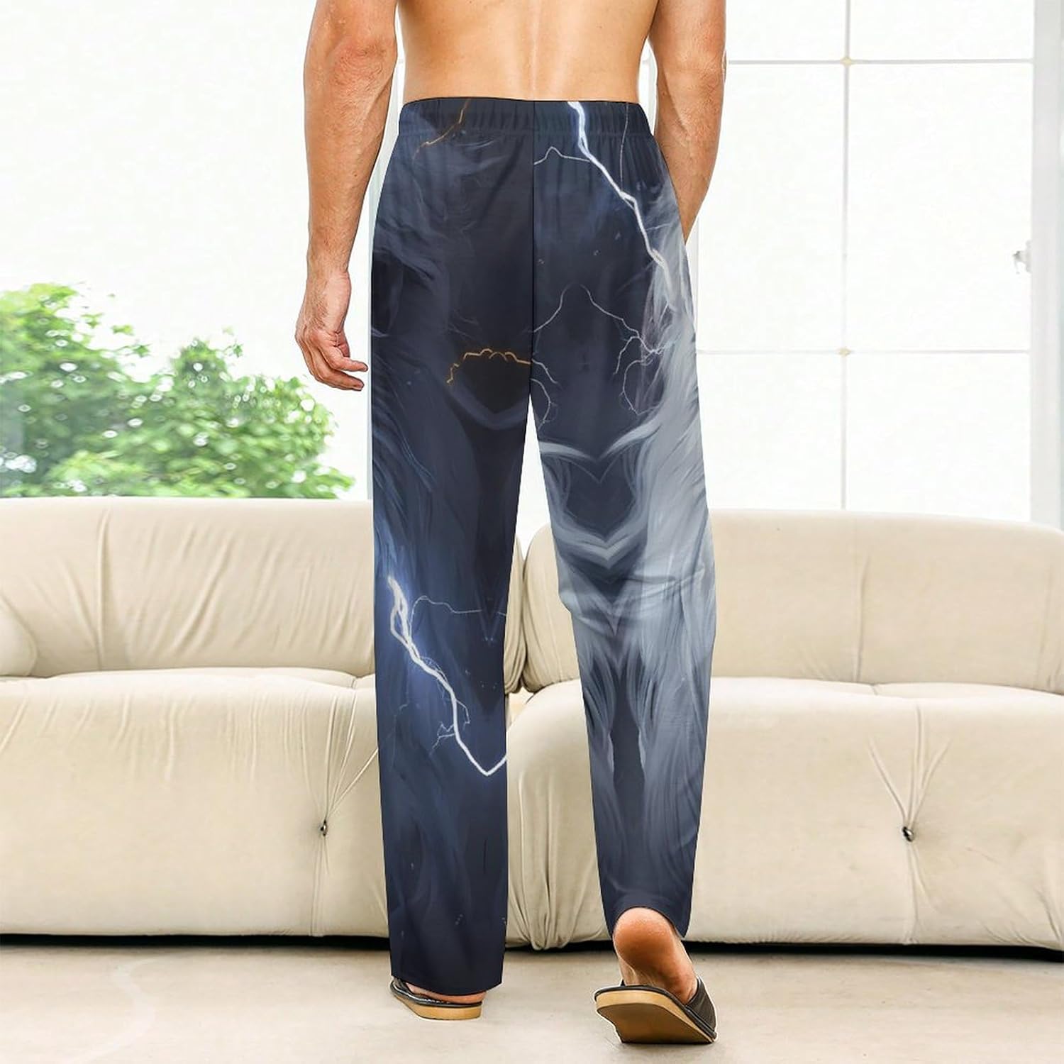 White Lion with Glowing Blue Eyes Novelty Pajama Pant With Pockets Drawstring Sleep Lounge Pants For Women Men