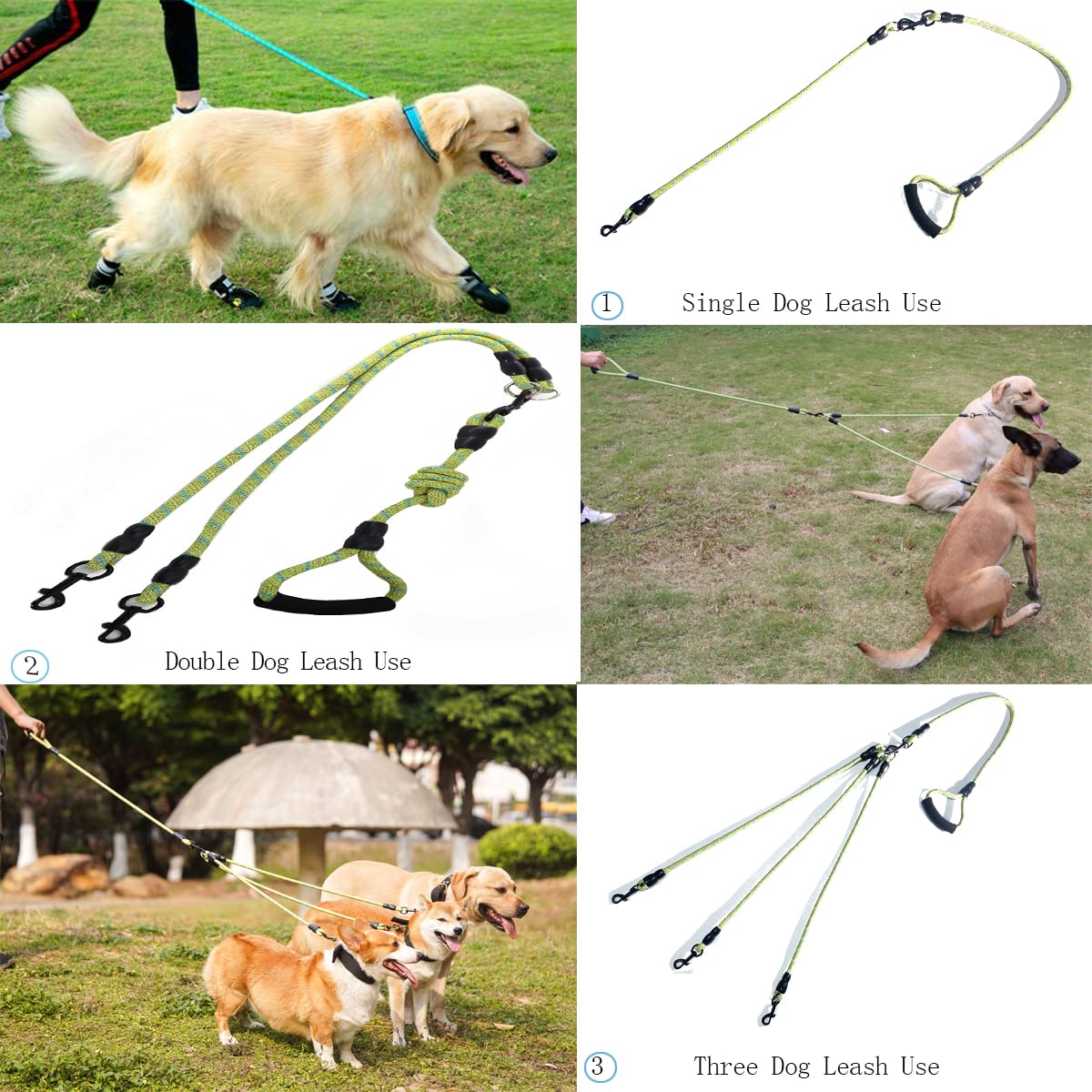 Laisse pour chien 3 en 1 en nylon durable avec poignée rembourrée, pivotante à 360 °, corde d'escalade amovible, corde de traction amovible pour chiens de moyenne et grande taille, vert et