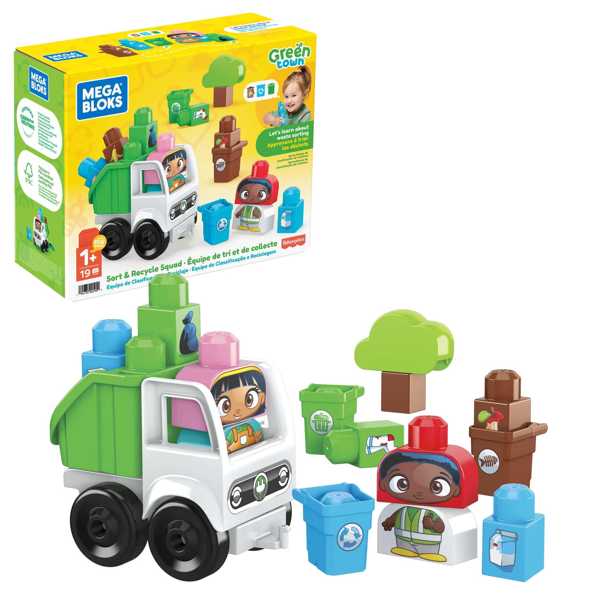 Mega Bloks Equipo de Reciclaje Green Town - Juguete de Construcción - 18 Bloques para Construir Camión y 2 Personajes - Regalo para Niños de 1+ Años, HDL06
