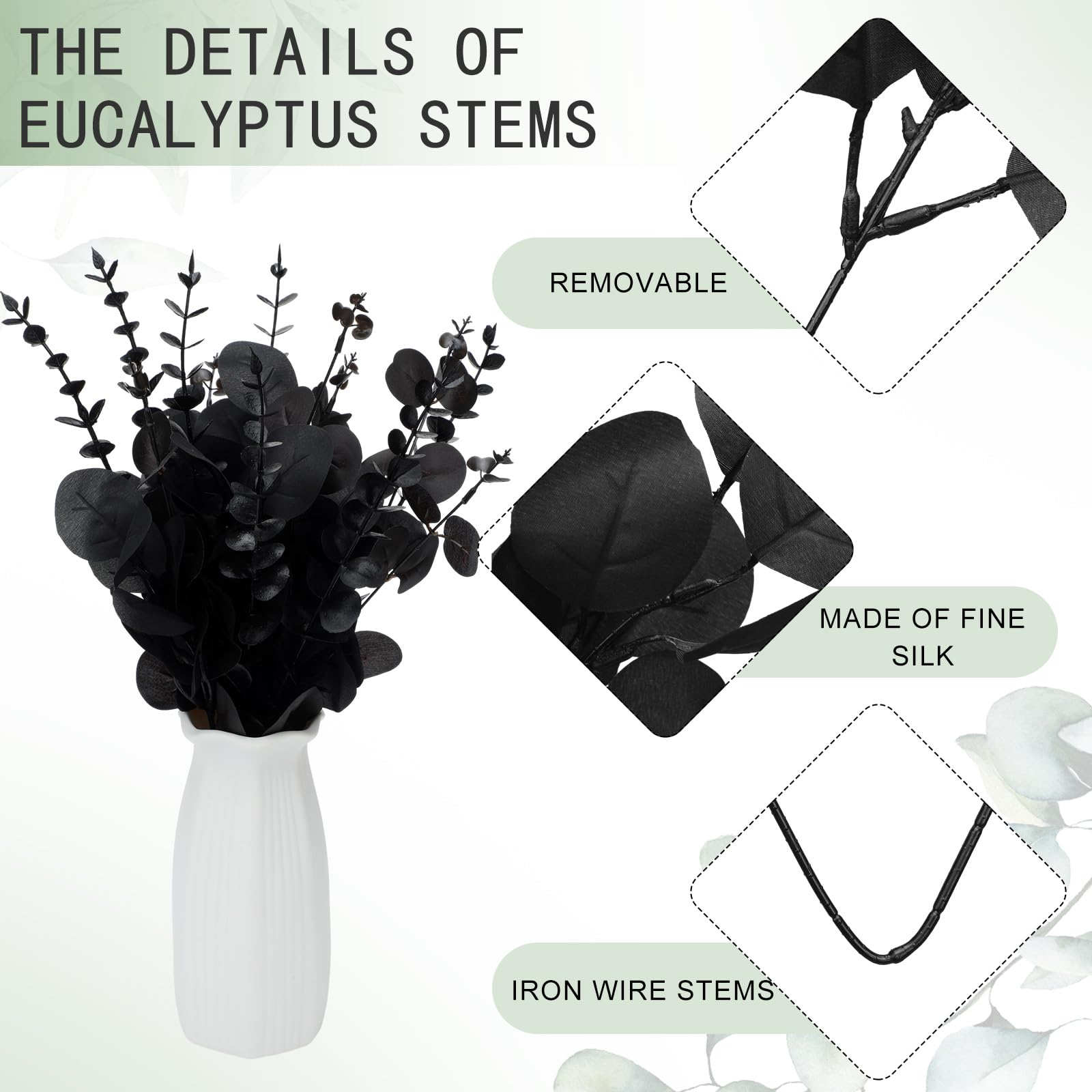 Giegxin Lot de 180 tiges de Feuilles d'eucalyptus artificielles en Vrac, 3 Types de Feuilles d'eucalyptus séchées, Faux Spray pour Vase de Mariage, Bouquet Floral (Noir)