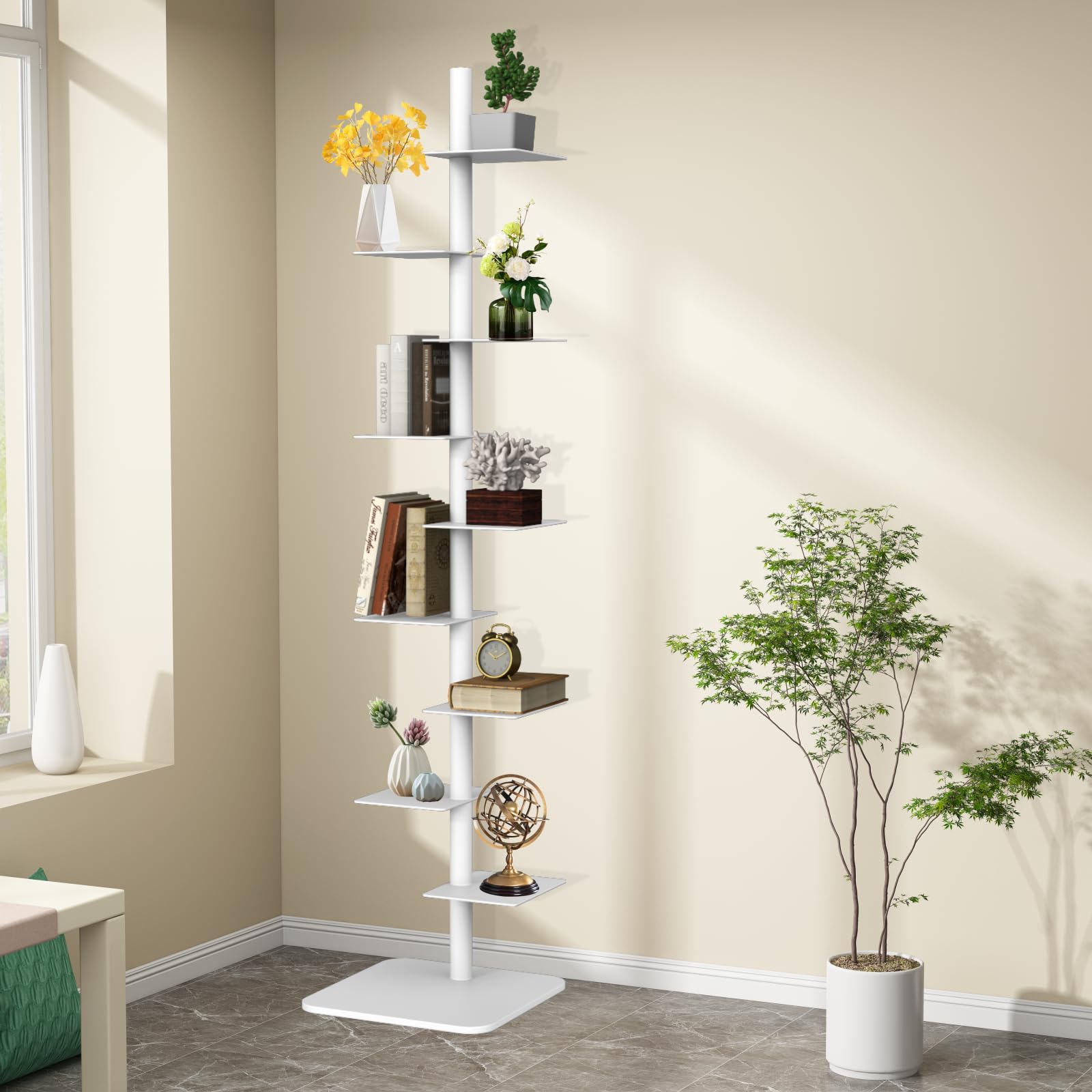 9 Tier Metal Spine Bookshelf Tower, Adjustable Vertical Spine Book Tower Floor, Metal Vertical Bookshelf for Study Room,Living Room,Office,Bedroom (White)