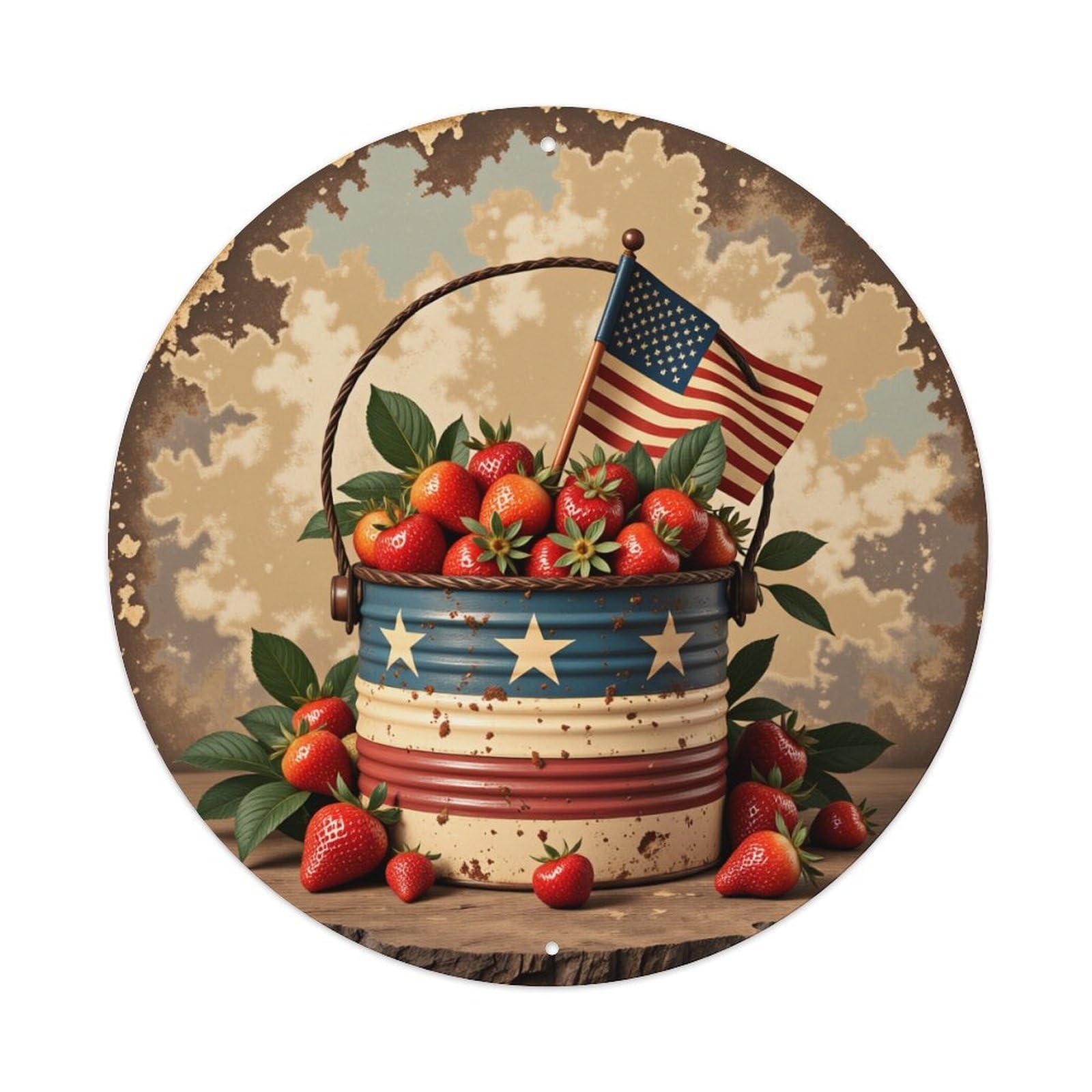 American Flag Stars Stripes Bucket Strawberries Round Tin Sign Vintage Metal Poster, Home Bar Garage Man Cave Cafe Indoor & Outdoor Wall Decoration 8x8Inches
