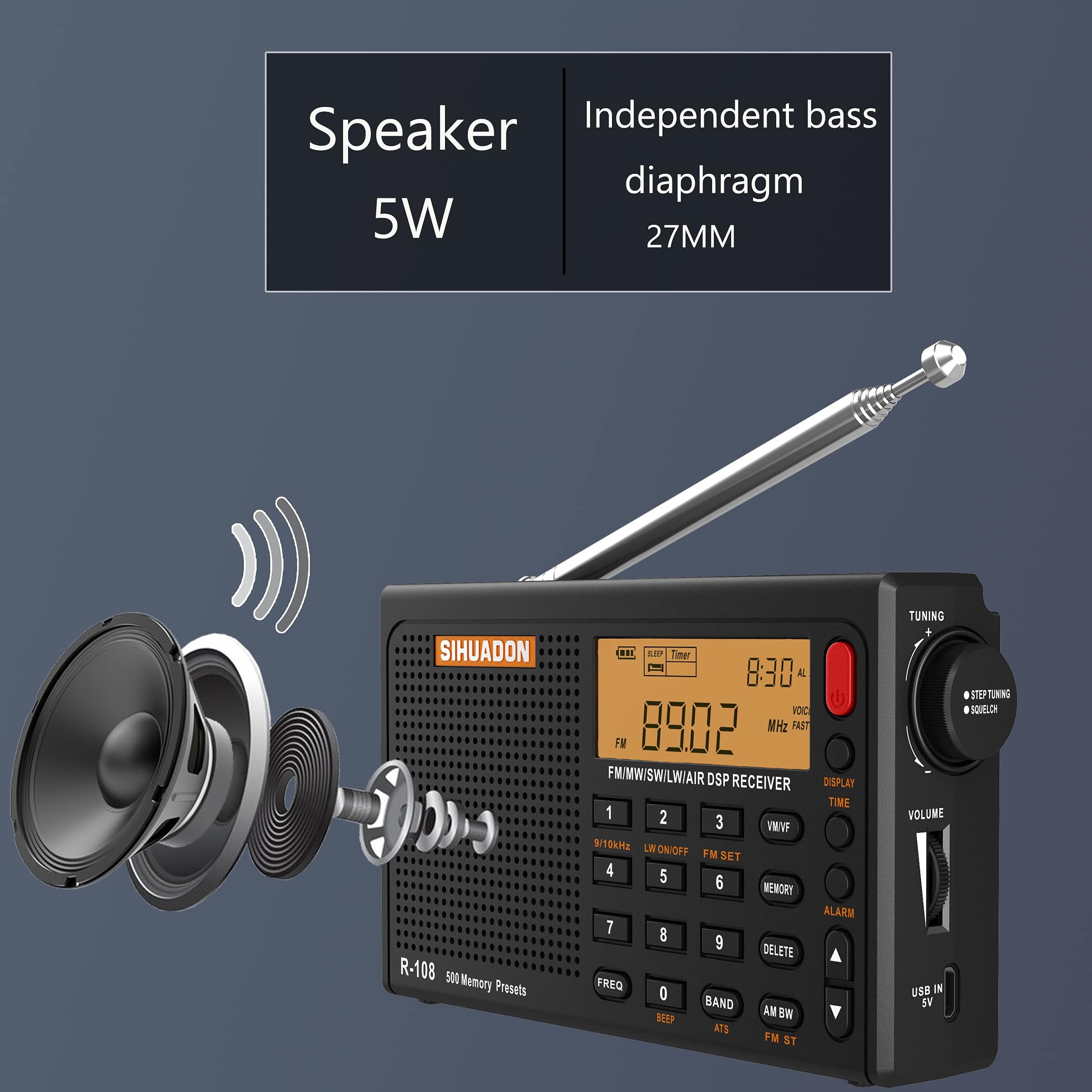 SIHUADON R108 Portable Radio AM FM SW LW Airband Full Band DSP Radio Battery Operated with Headphone Antenna Jack Sleep Time and Alarm Clock 500 Memory Preset for Parents by RADIWOW (Black)