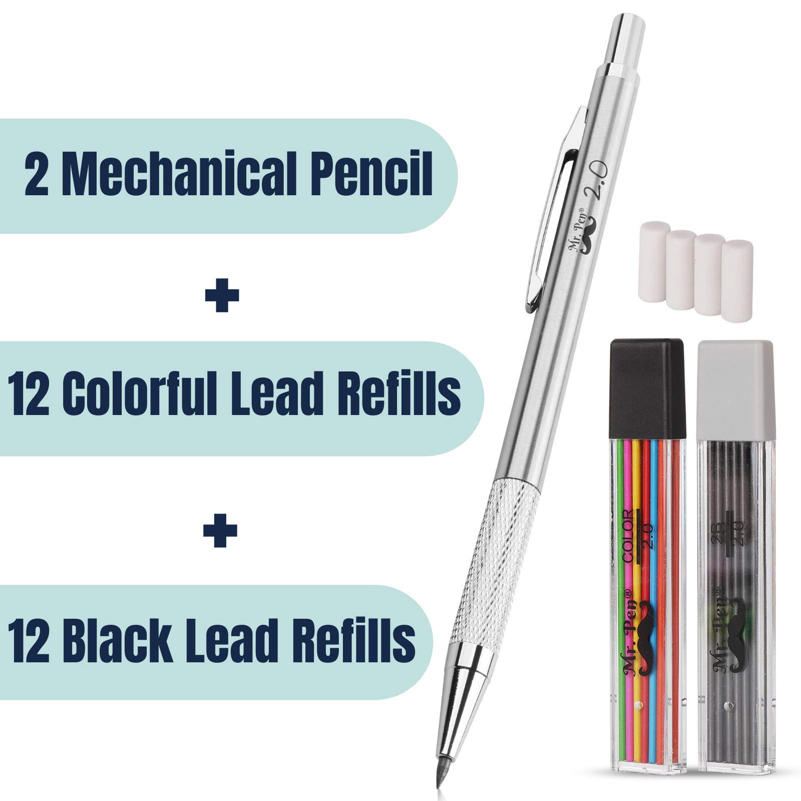 Mr. Pen Mechanical Pencil 2mm, 1 Metal Mechanical Pencil with 2 Pack