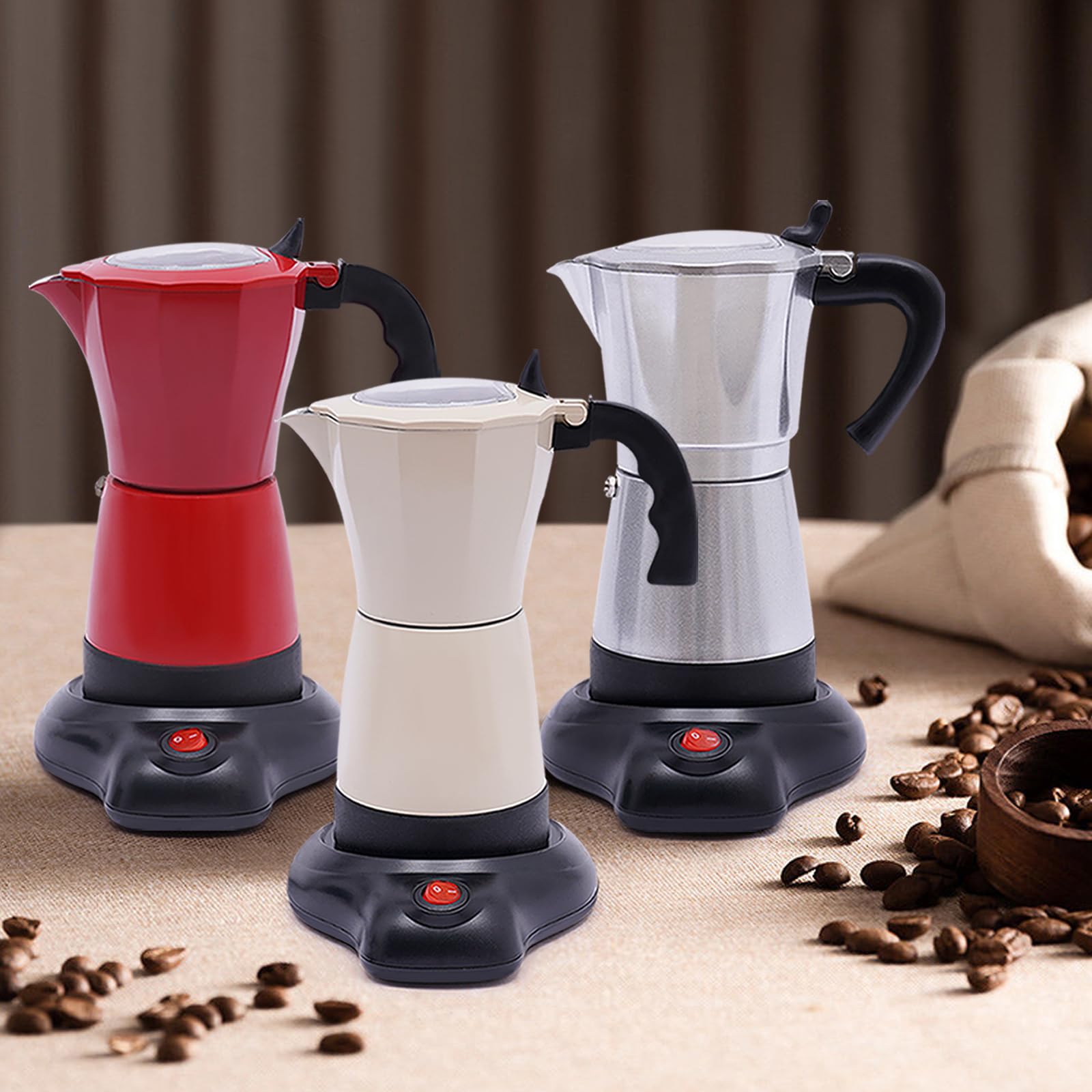 300ML 480W Aluminio Eléctrica Cafetera de Café Moka con Base 6 Tazas de Café para Familias, Reuniones, Cafés, Oficinas, Salones Universitarios, Viajes de Negocios, etc. (Blanco Crema)