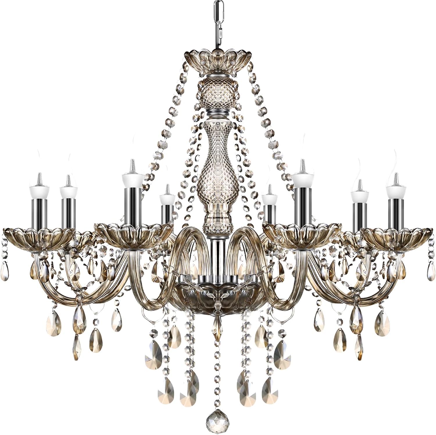 Lustre à 8 Bras Lustre Cristal Moderne Couleur Cognac Pampille Suspension Lampe de Plafond Verre Cristal K5 avec Chaîne Réglable pour Chambre, Salon, Salle à Manger, Restaurant, E14