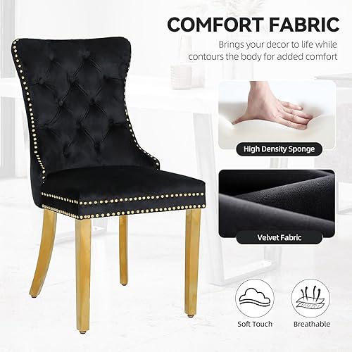 Miniatura 5 de Juego de 2 sillas de comedor de terciopelo, sillas de comedor modernas de lujo con patas de acero inoxidable doradas, sillas decorativas de cocina