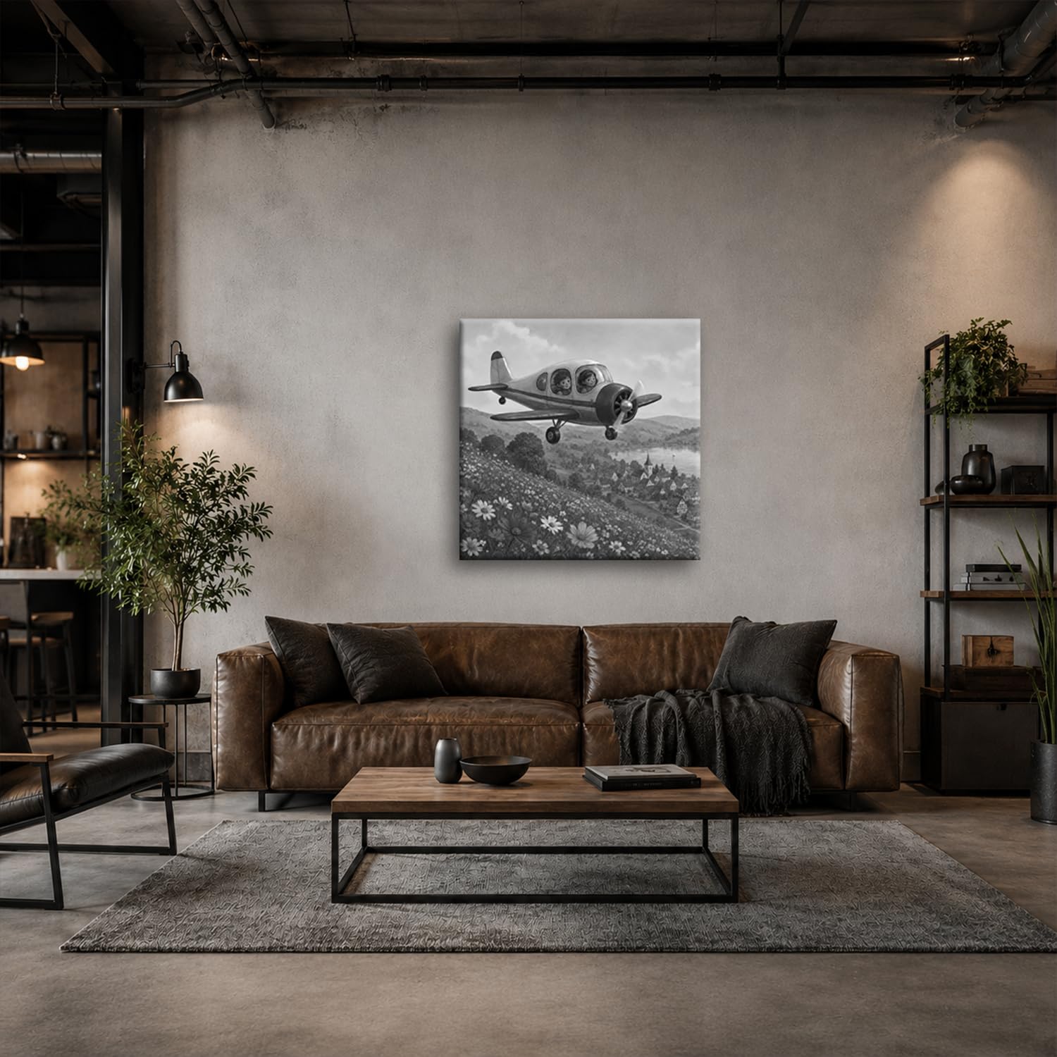 Obraz na płótnie lot dziecka nad kwitnącym krajobrazem 70 x 70 cm