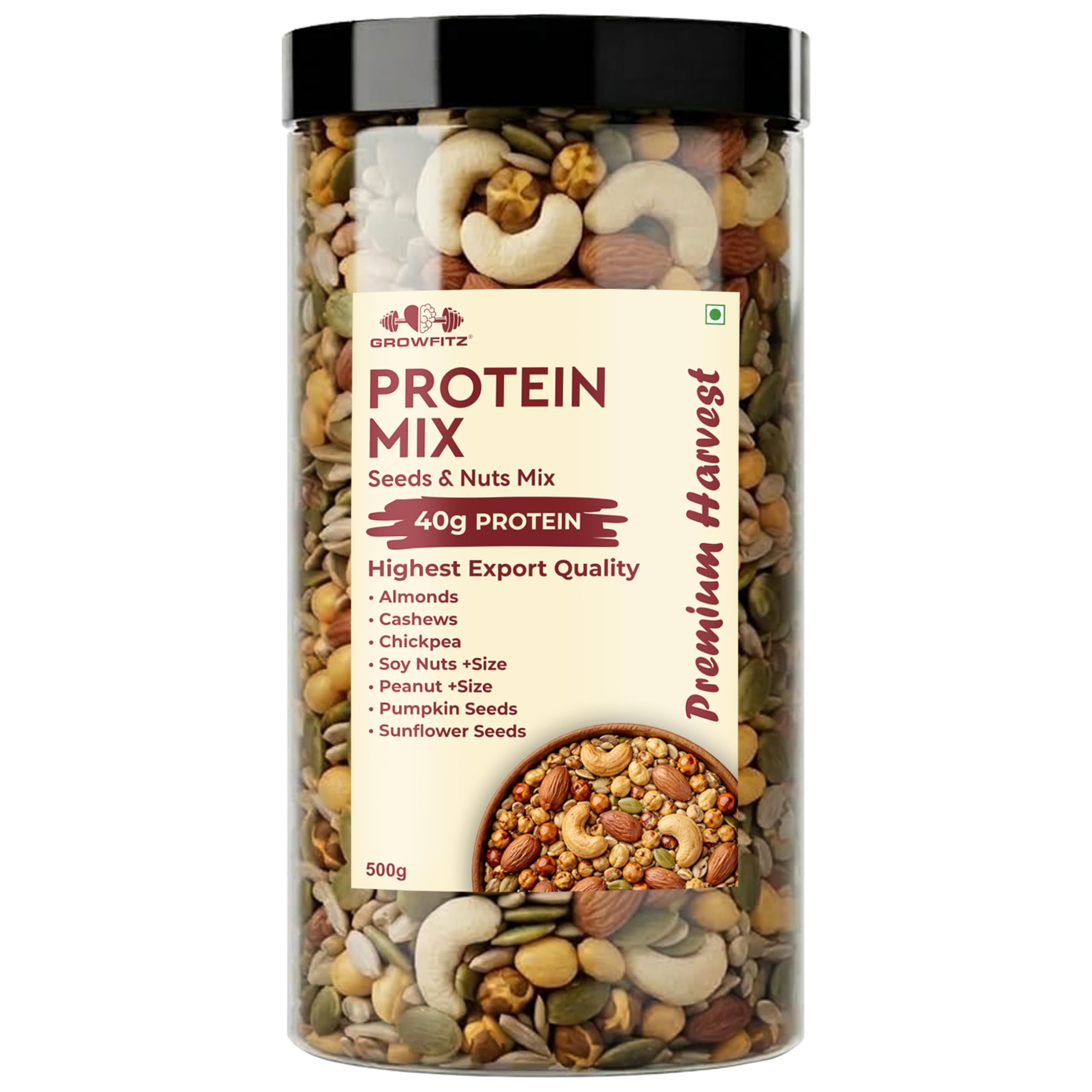 Growfitz Protein Crunch Seeds & Nuts Mix, 500g | 40g High Protein | Air Roasted Almonds, Cashews, Chickpeas, Soy Nuts, Peanuts, Pumpkin & Sunflower Seeds | 0% Sugar | Export Quality Healthy Snack-image-7