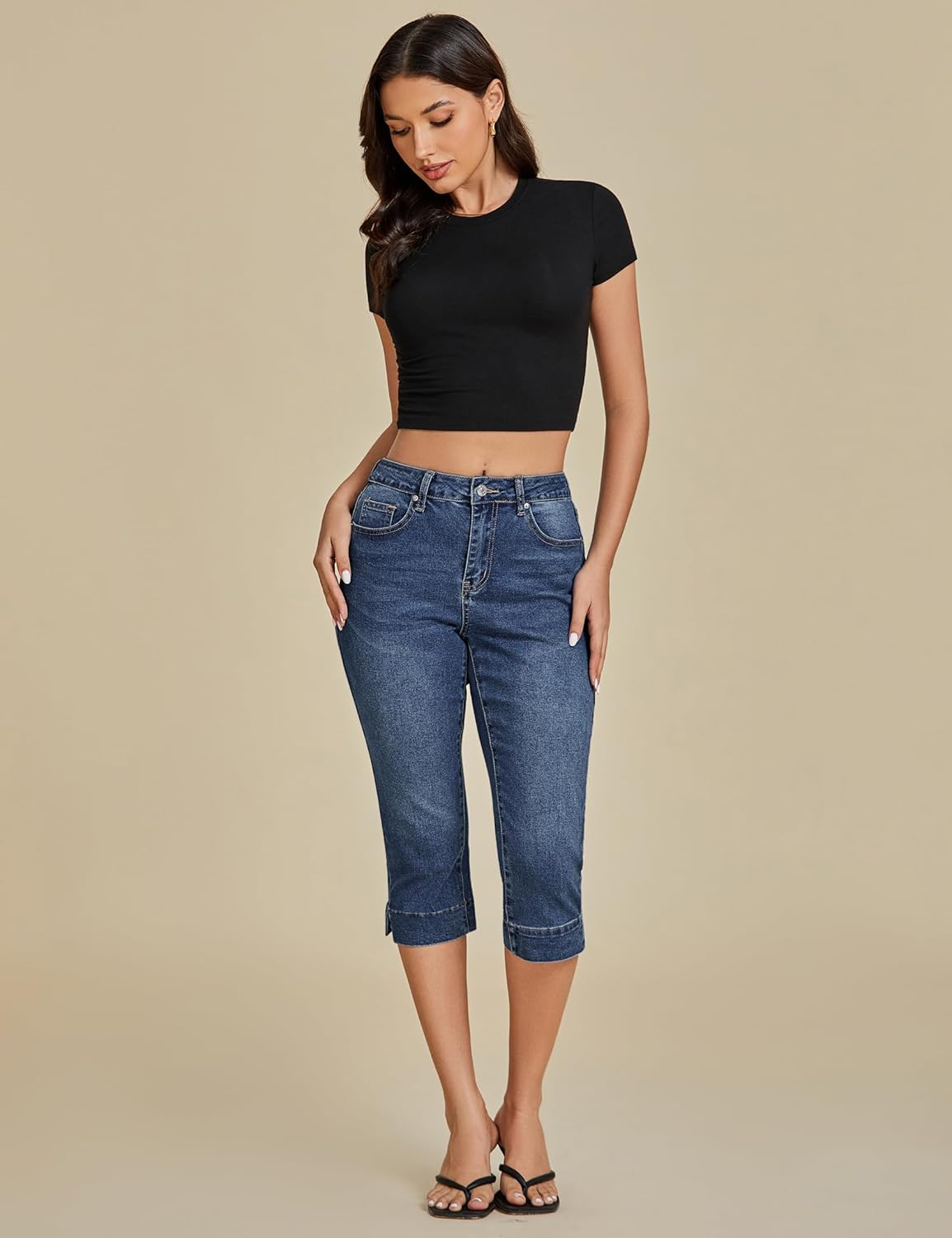 luvamia Capri Jeans for Women Trendy High Waisted Slim Split Hem Stretch Denim Jean Capris Cropped Pants Casual Summer - Image 5